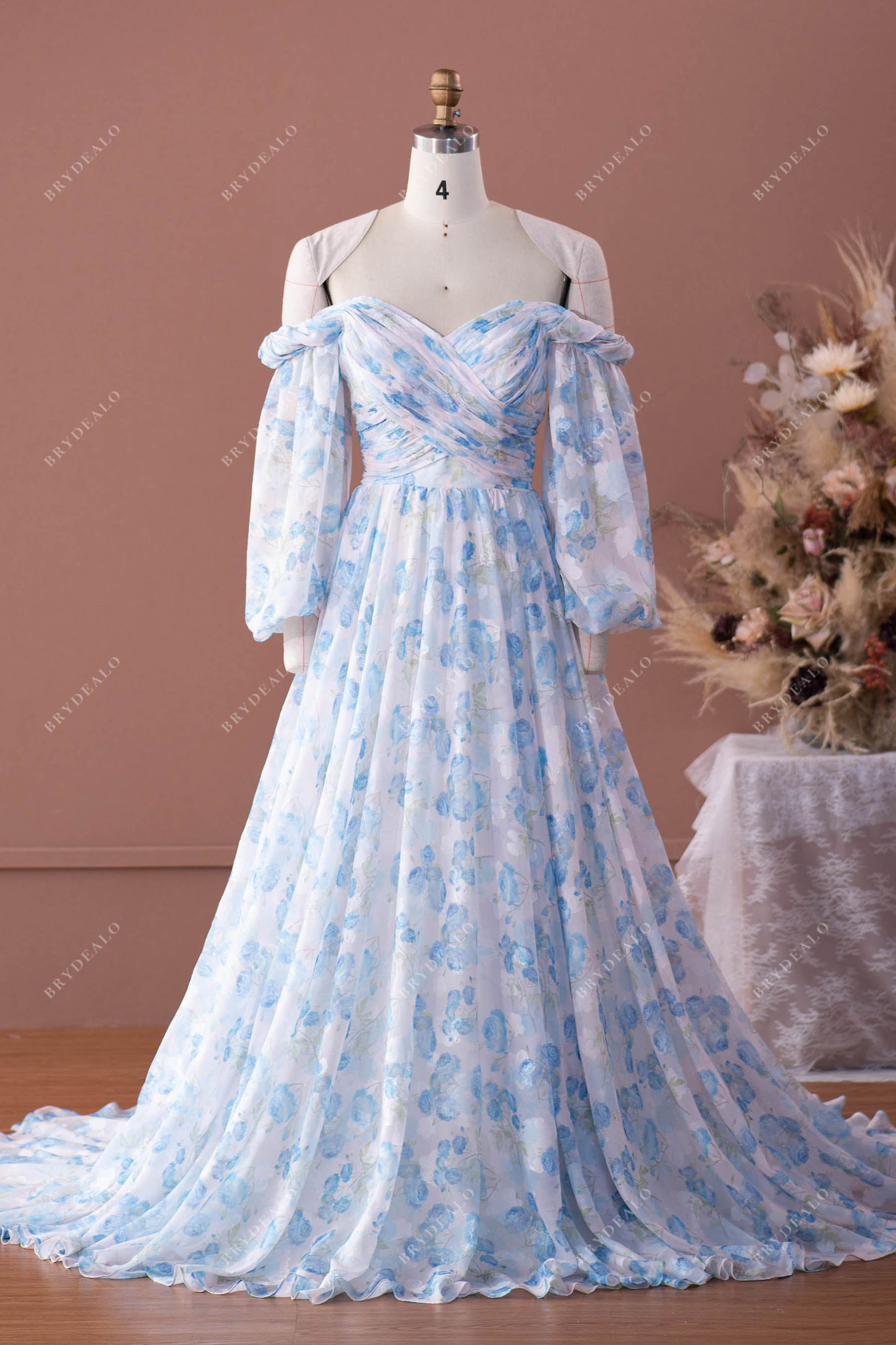 off-shoulder printed chiffon A-line wedding dress