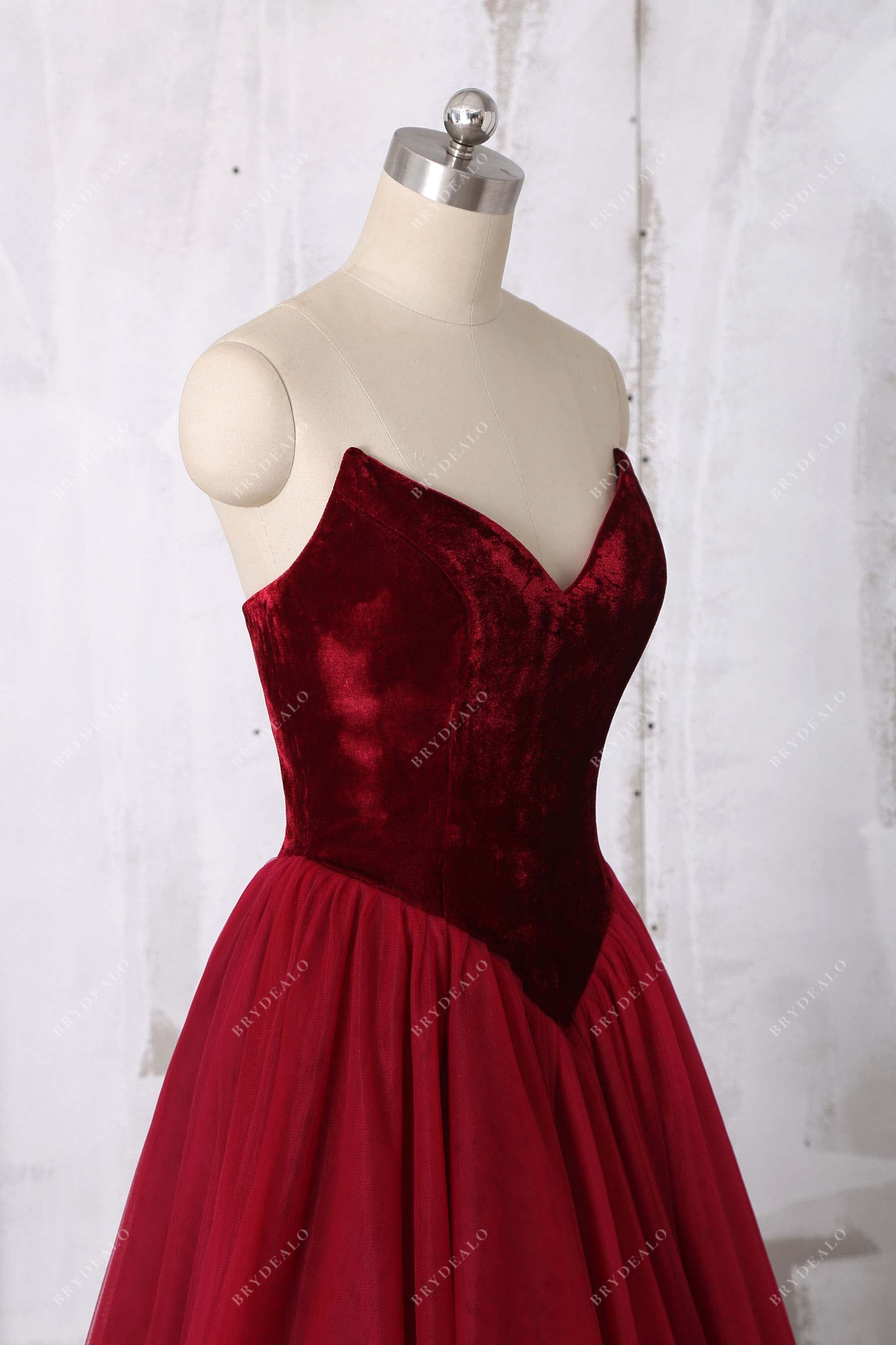 Wine Velvet Tulle V-neck Basque Waist Elegant Dress Wine Velvet Tulle V-neck Basque Waist Elegant Dress