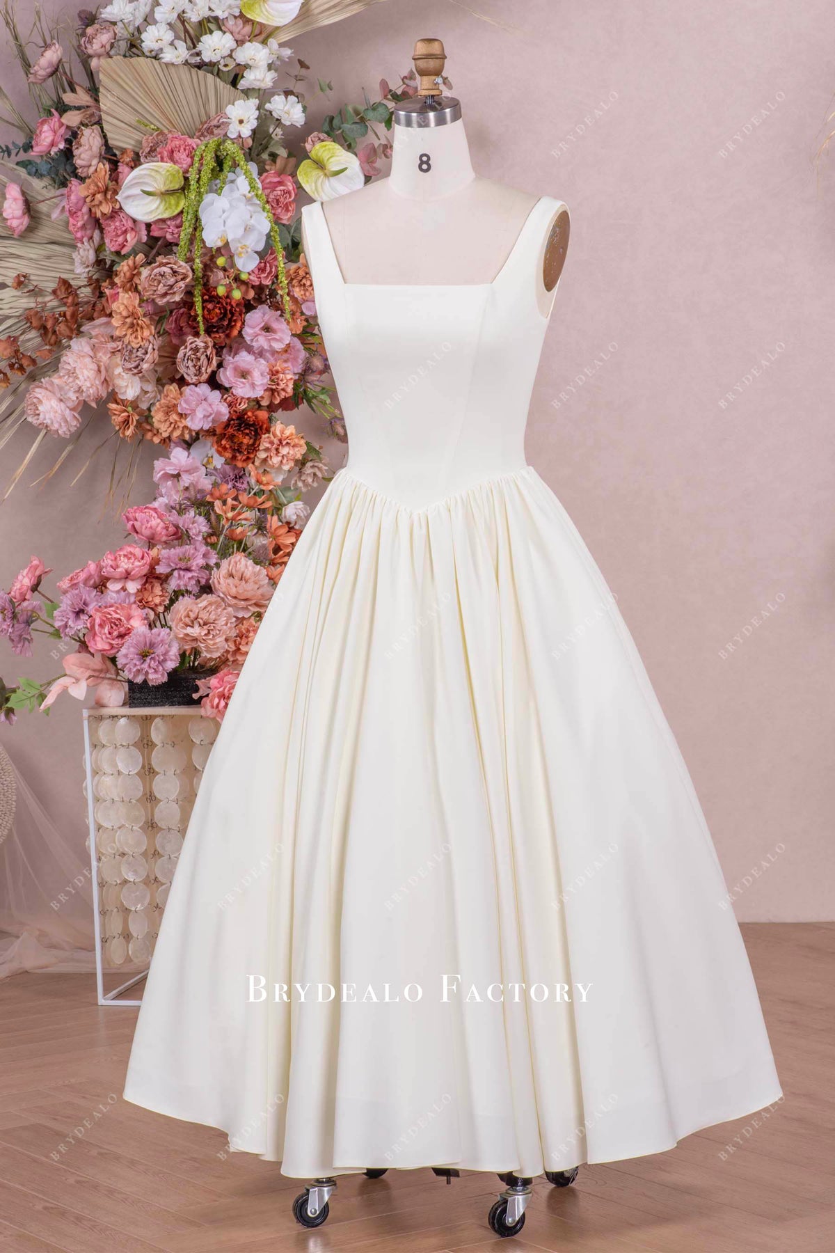 Basque Strap Simple Ivory Crepe Tea Length Wedding Dress – Brydealo