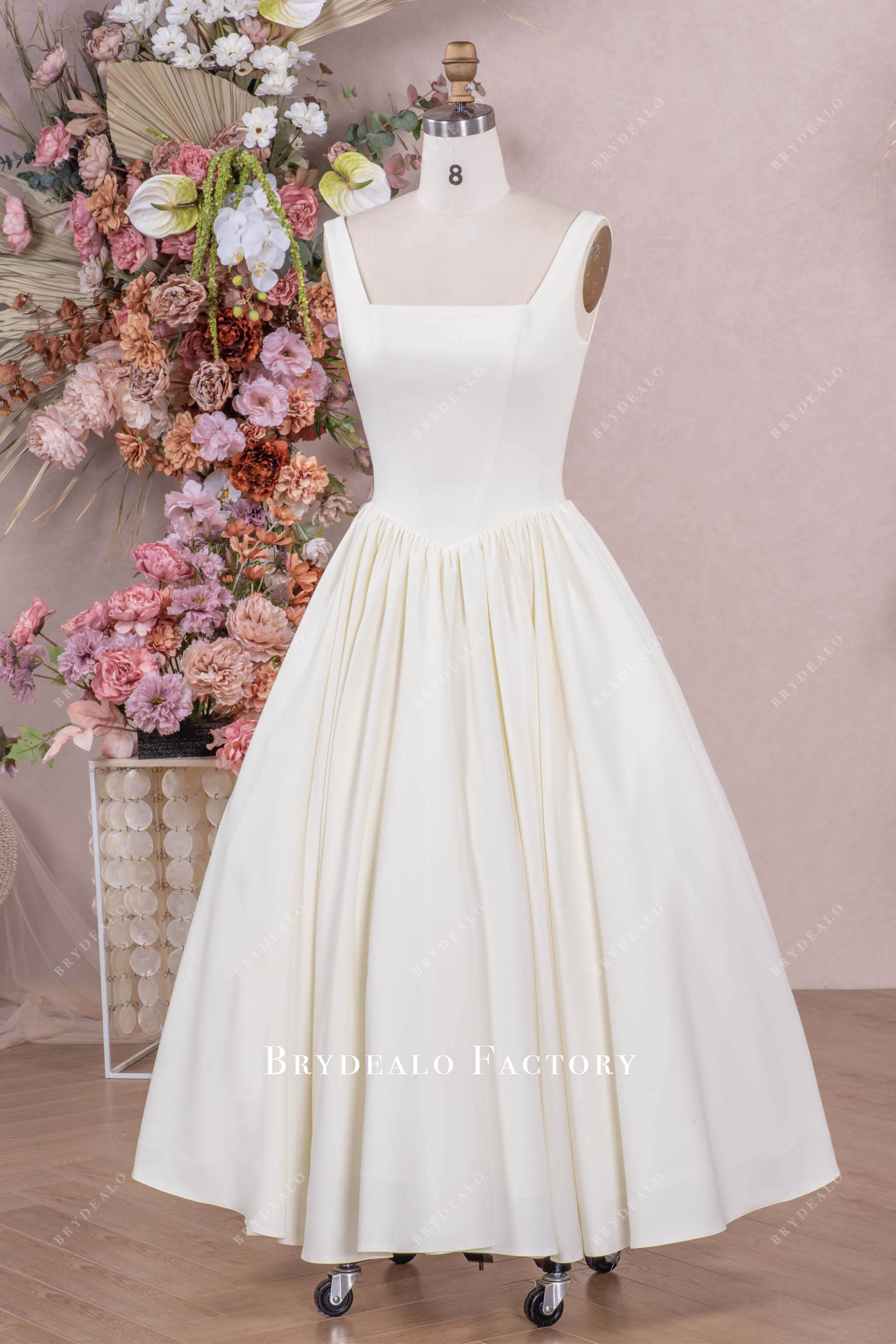 basque waist straps short bridal gown