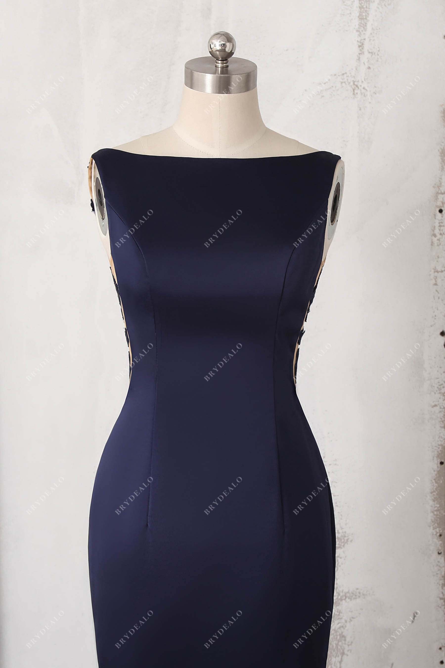 navy satin sleeveless prom dress