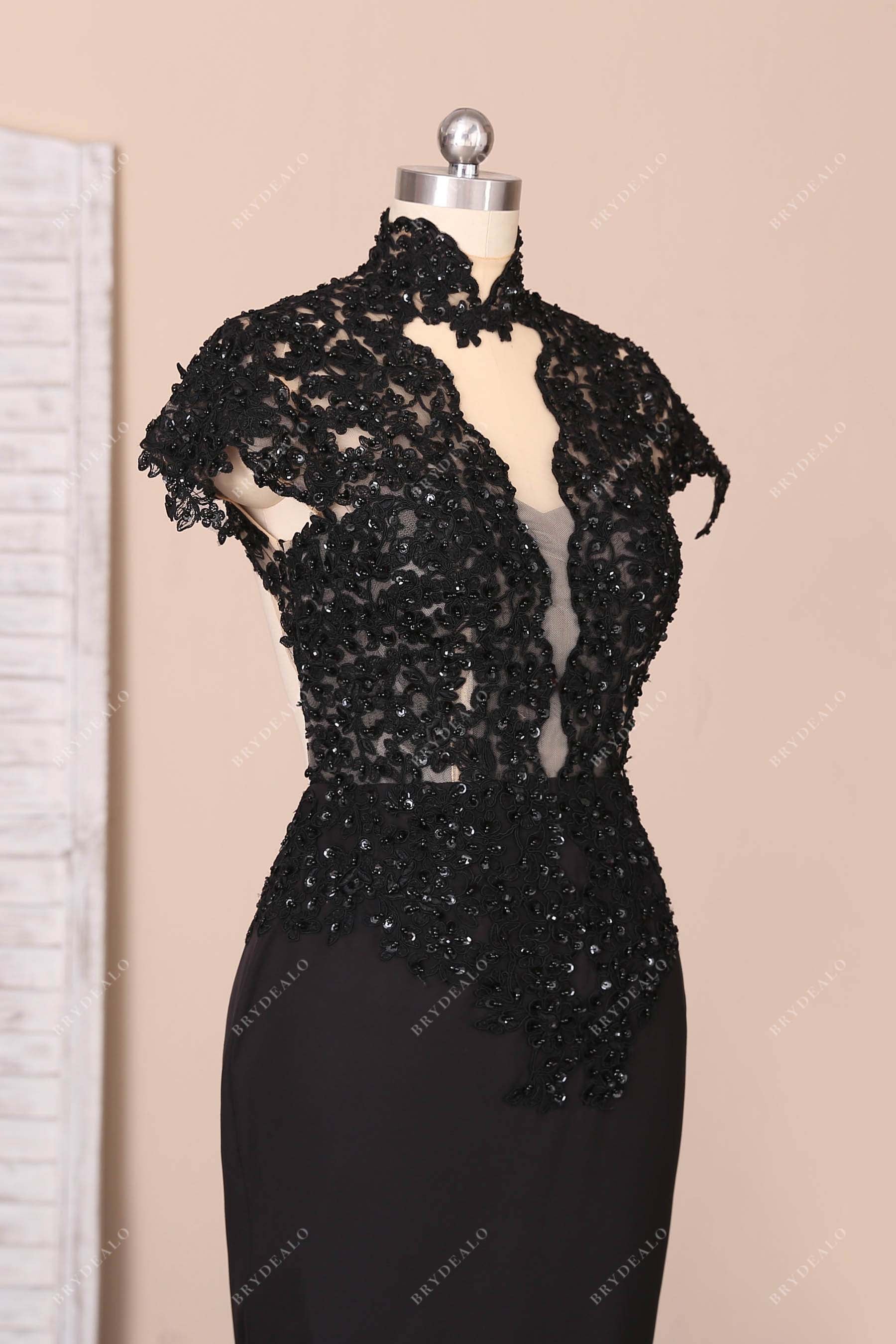 black lace beaded prom dress