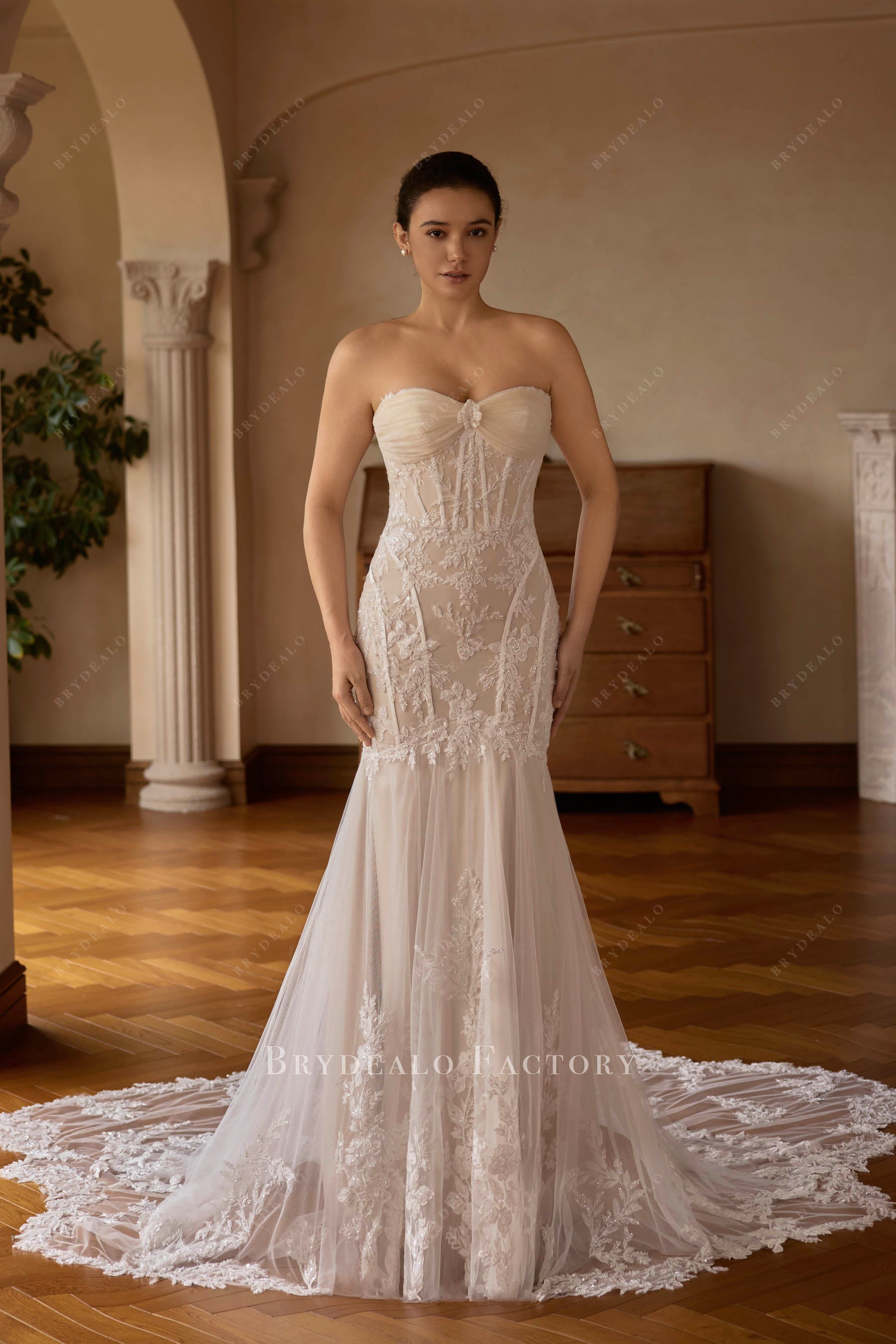 beaded champagne lace strapless bridal dress