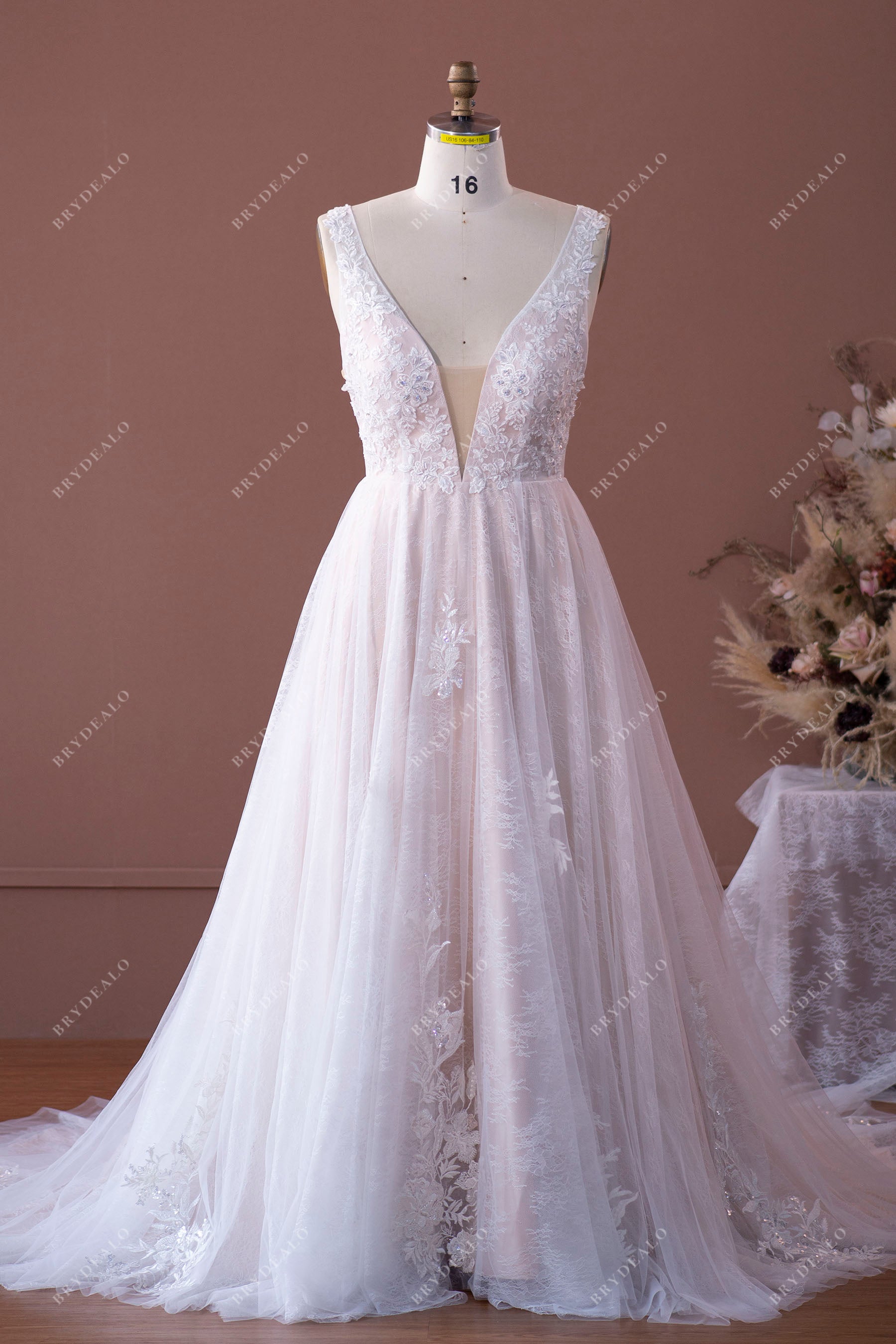 plunging neck lace appliqued tulle wedding dress