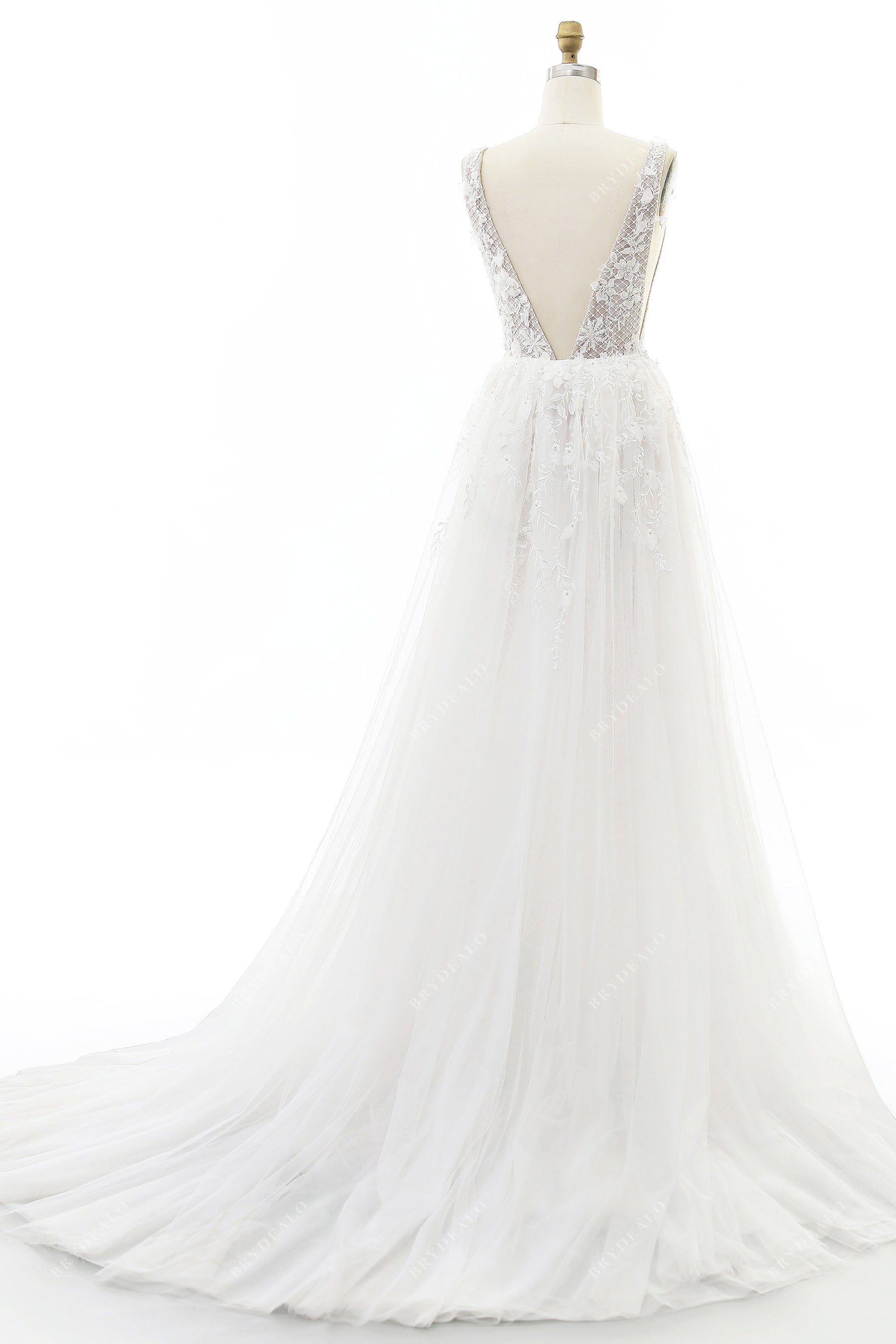 v-back floral lace detachable skirt bridal dress
