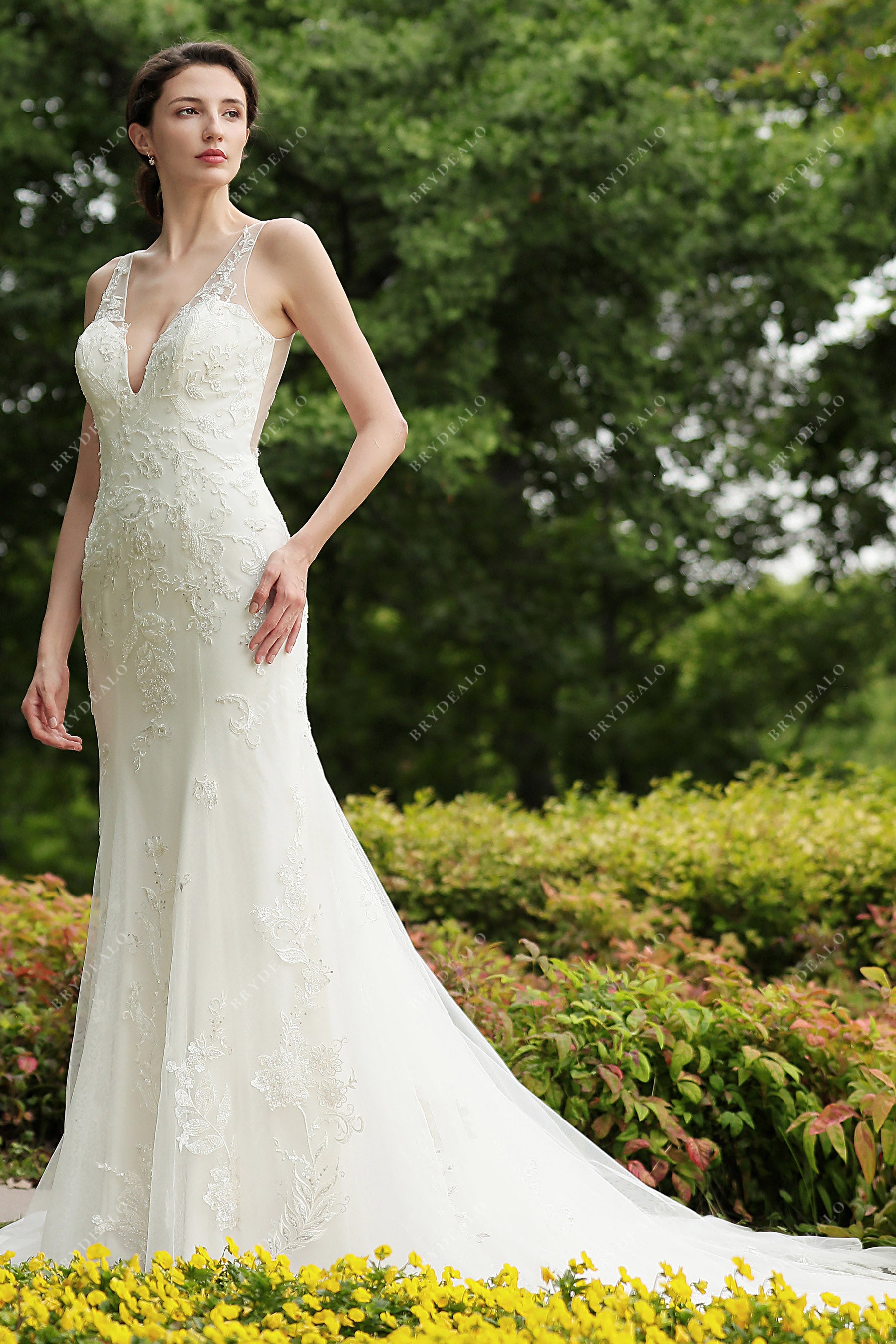 v-neck lace beaded tulle wedding dress