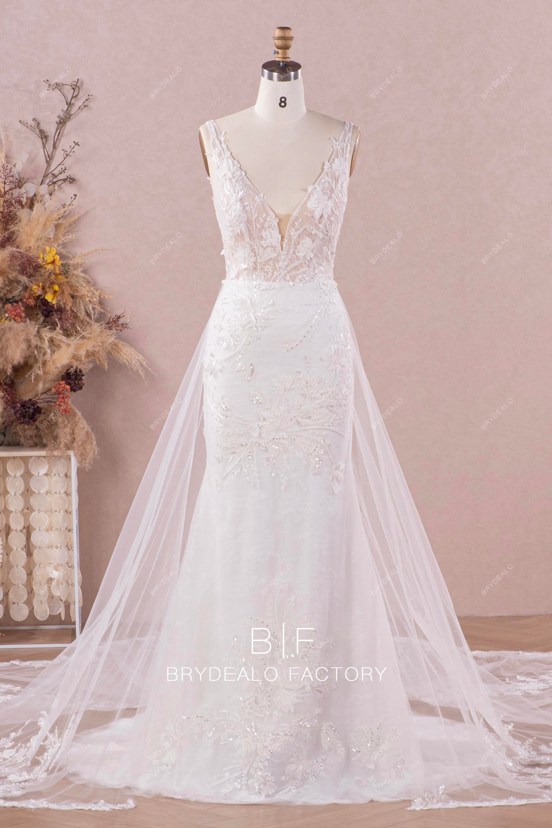 cutout overskirt beaded flower lace mermaid bridal dress