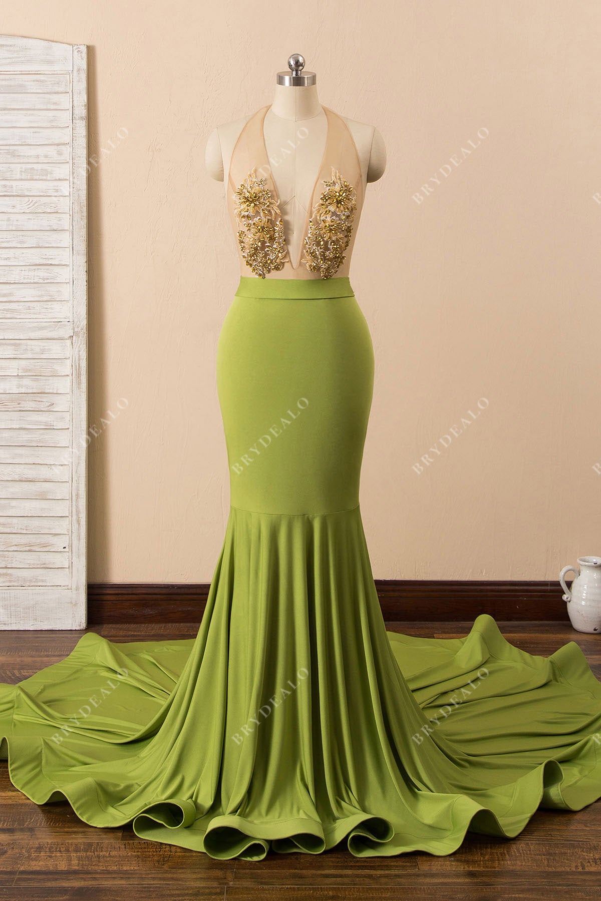 Gold Beaded Floral Applique Mermaid Prom Dress