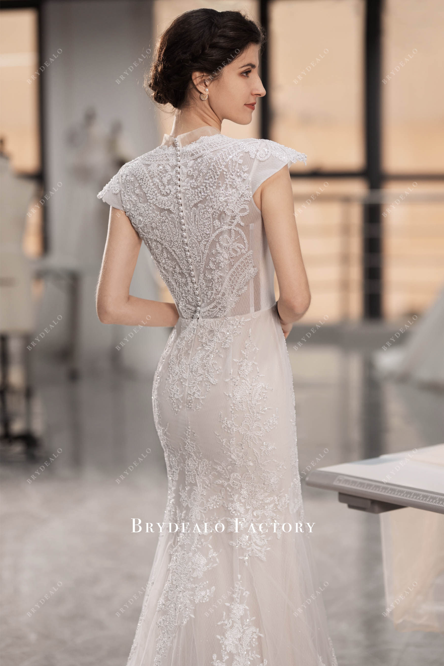 luxury beaded lace back court train wedding dress