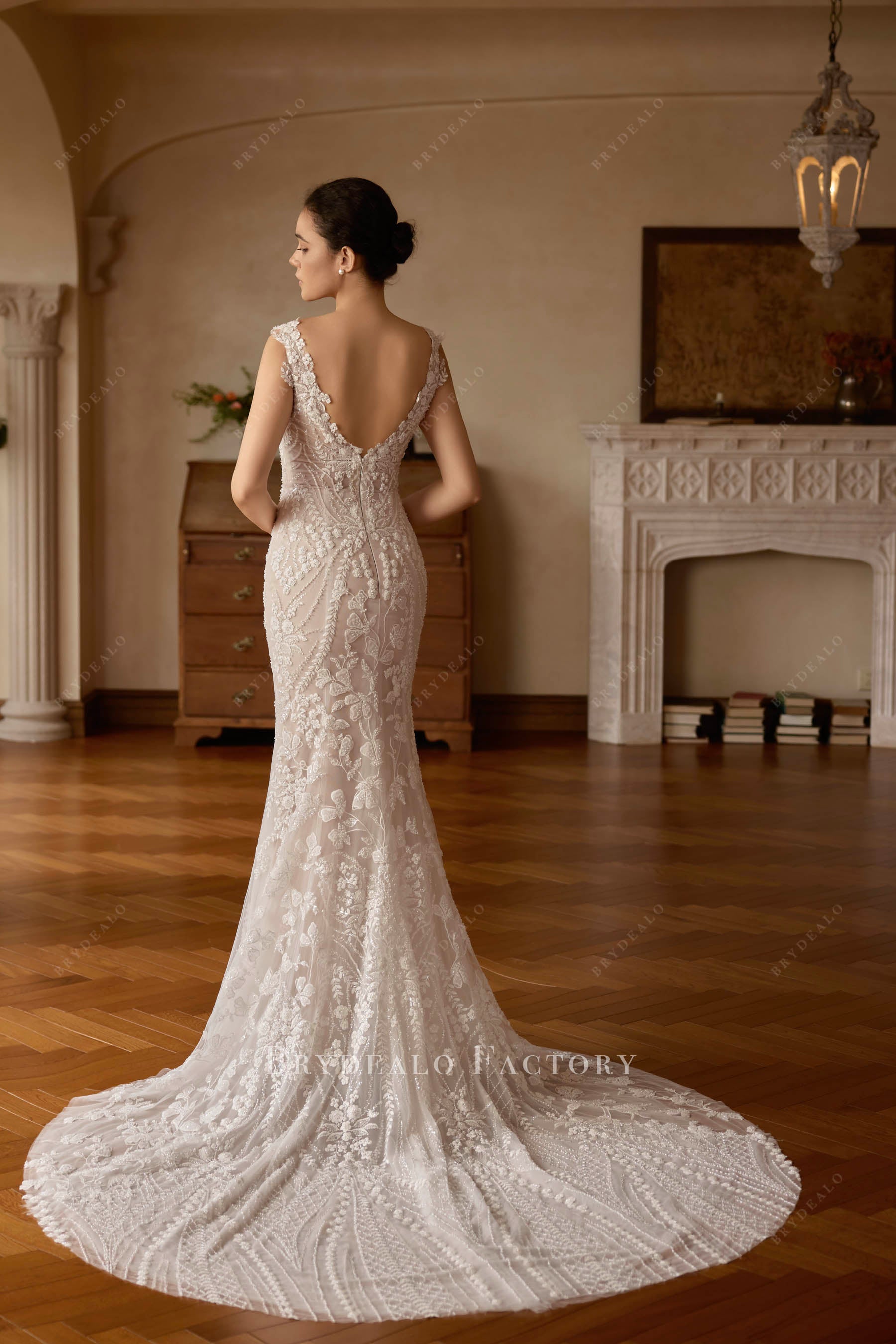 beaded lace chapel train wedding dress