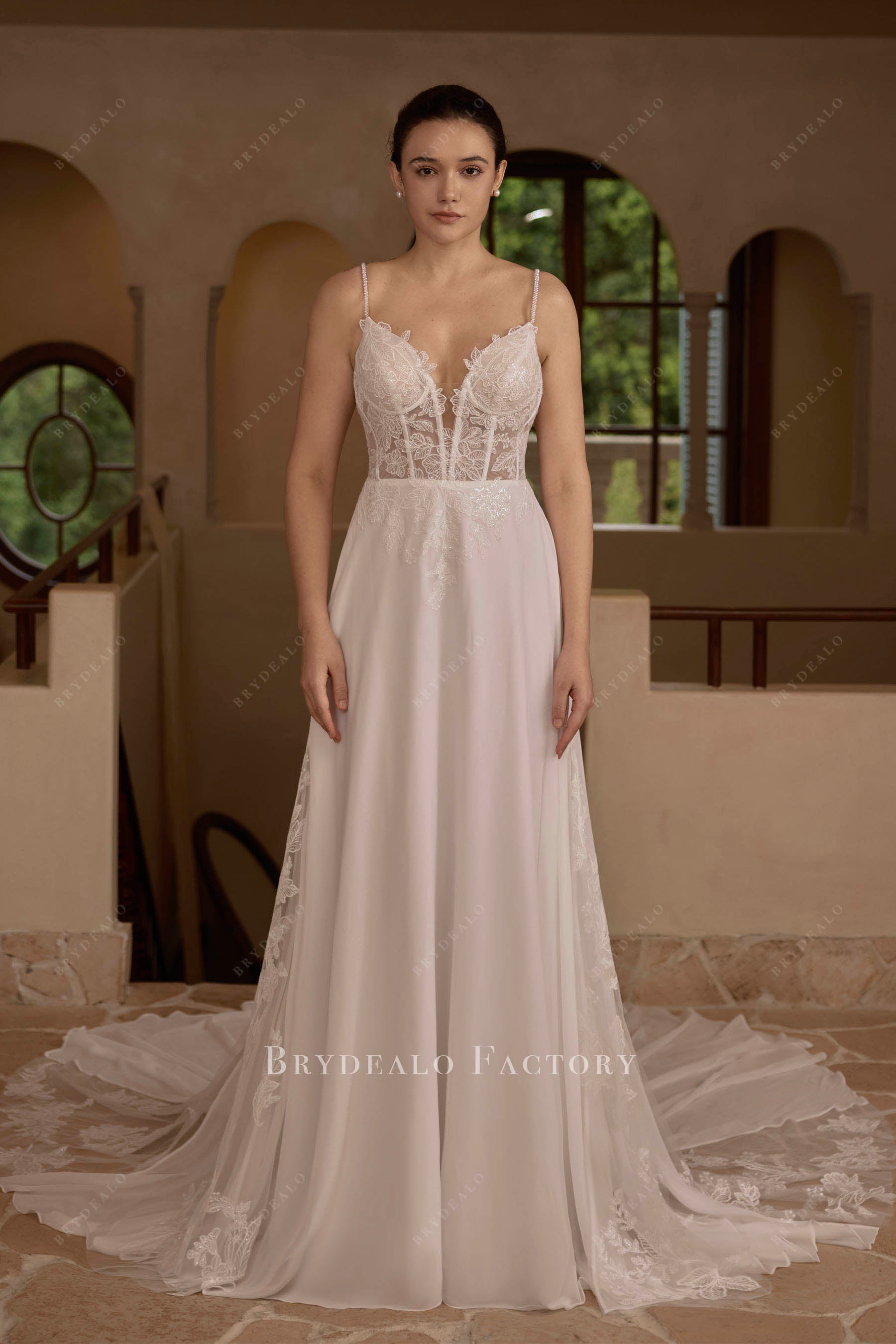beaded lace chiffon wedding dress