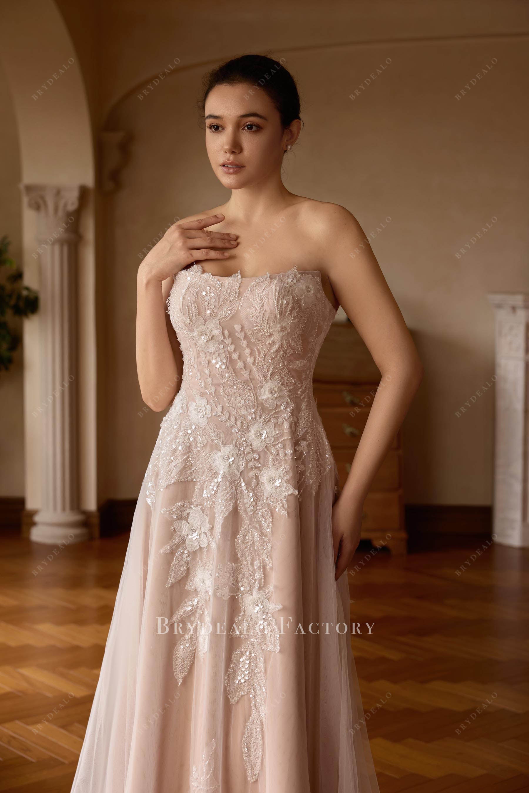 beaded lace curve neck wedding dress