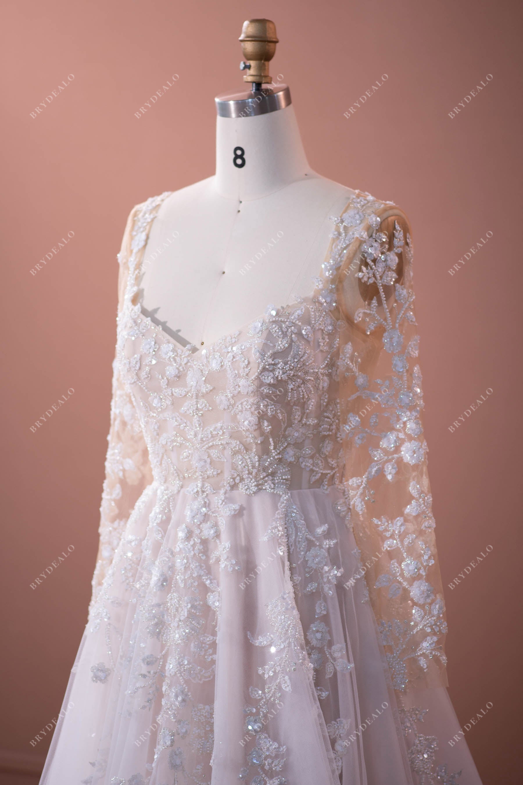 shimmery beaded lace sheer sleeve bridal dress