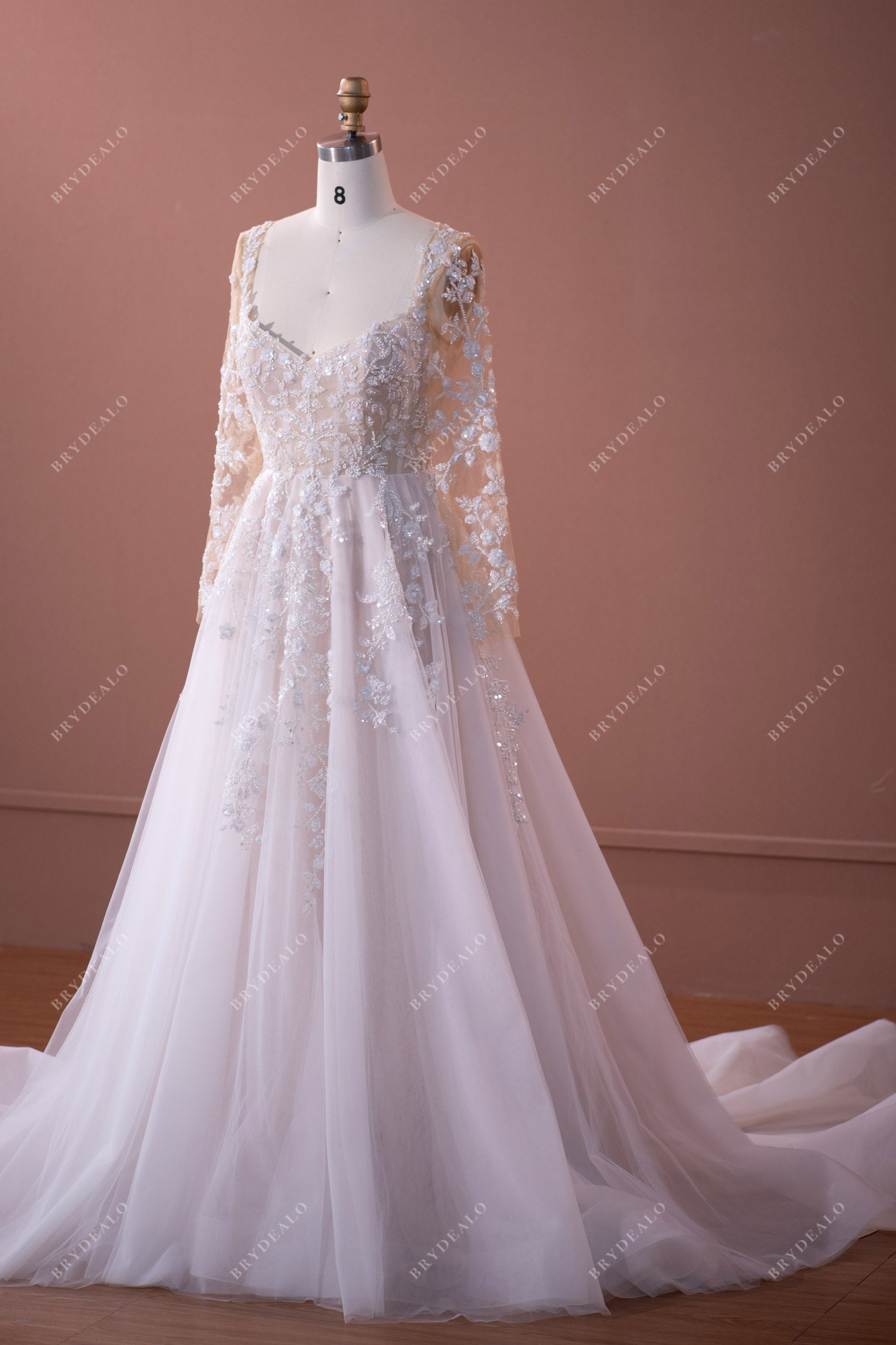 shimmery beaded lace long sleeve bridal dress