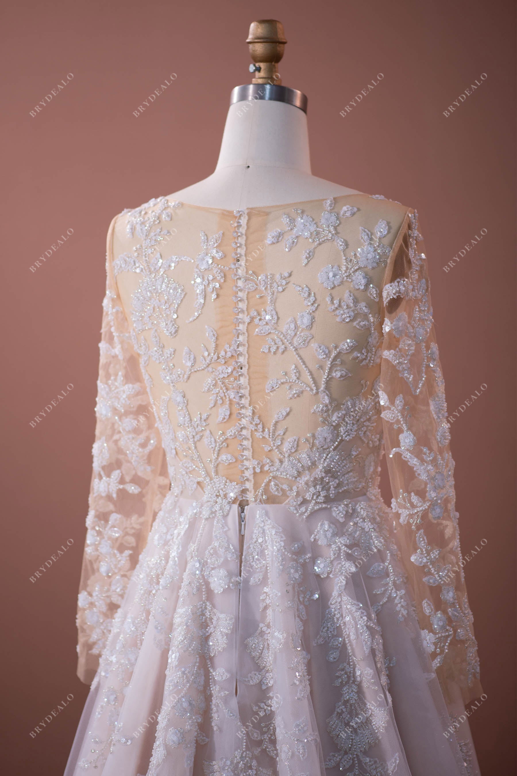 beaded lace applique sheer back wedding dress