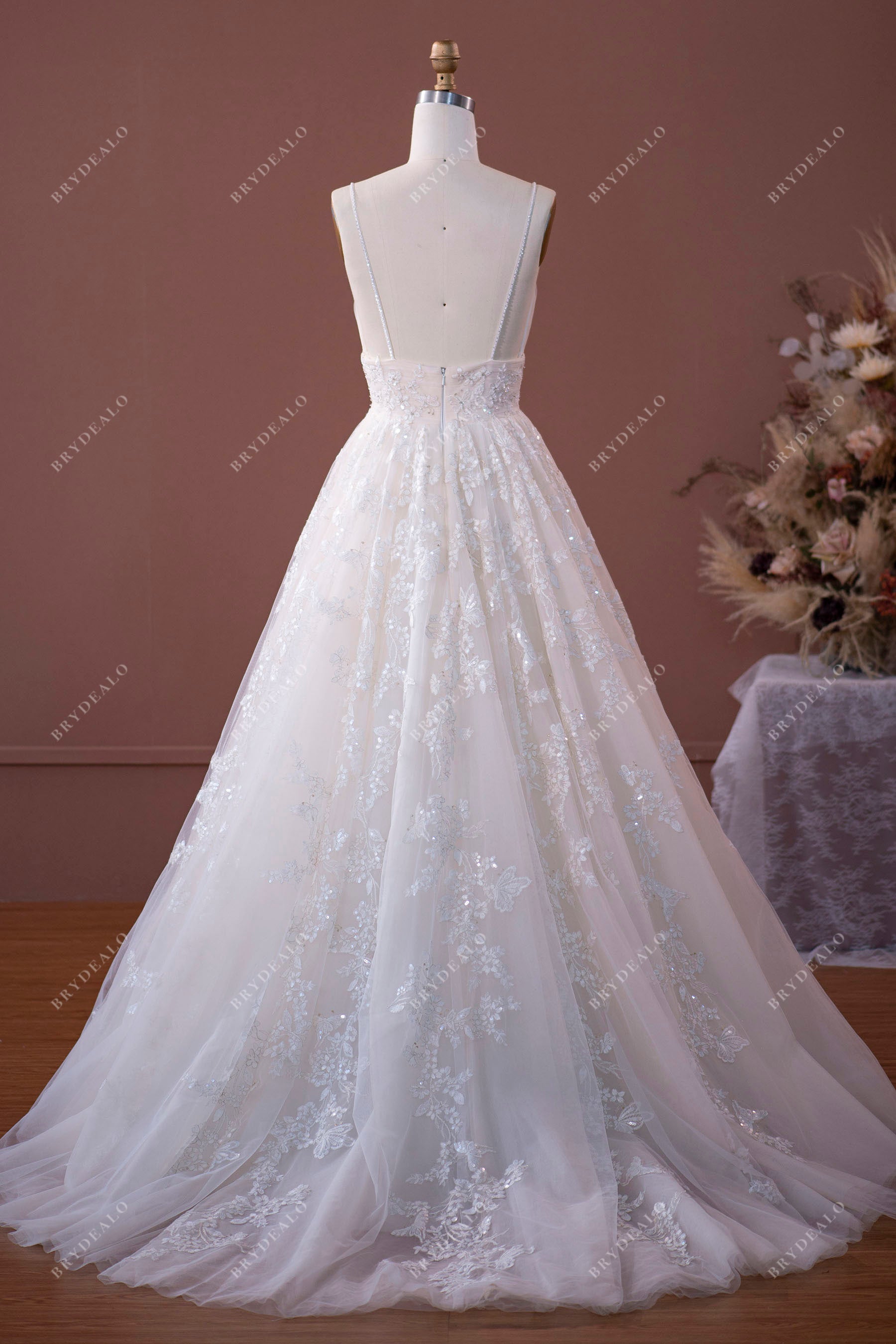 thin straps back sweep train bridal dress