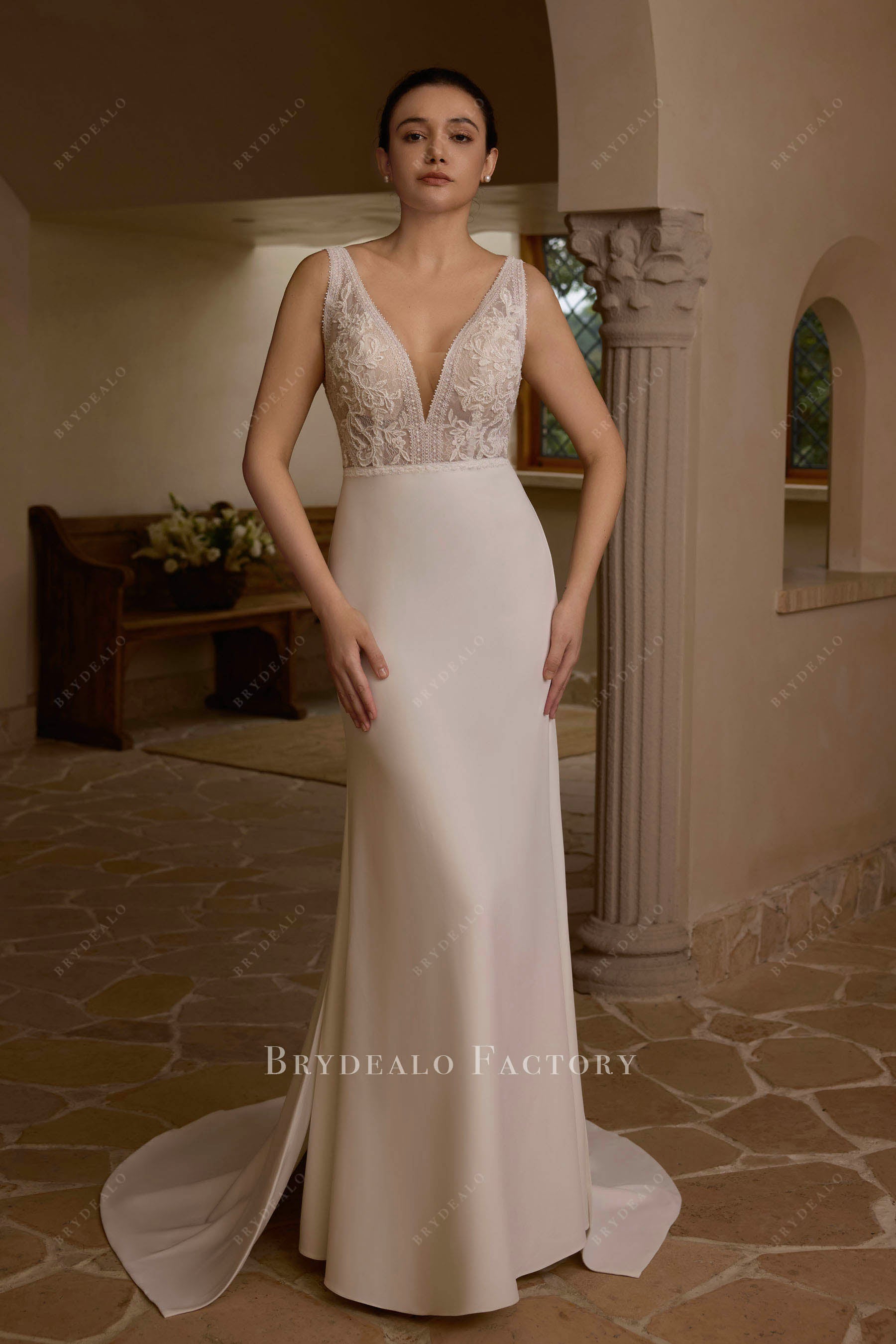 beaded lace plunging neck wedding dress