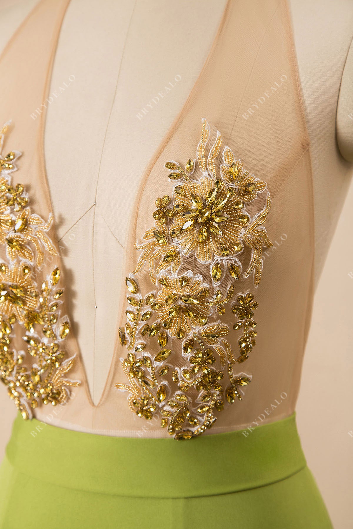 gold beaded lace formal gown