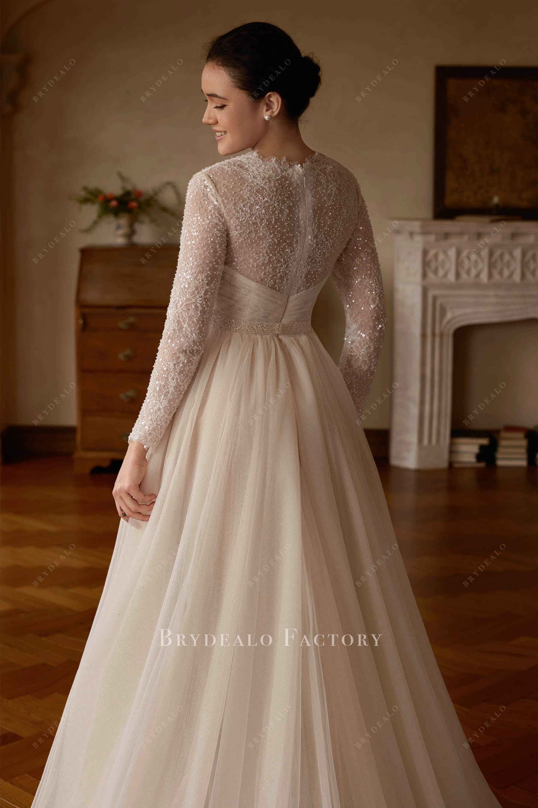 Beaded lace sheer back wedding dress
