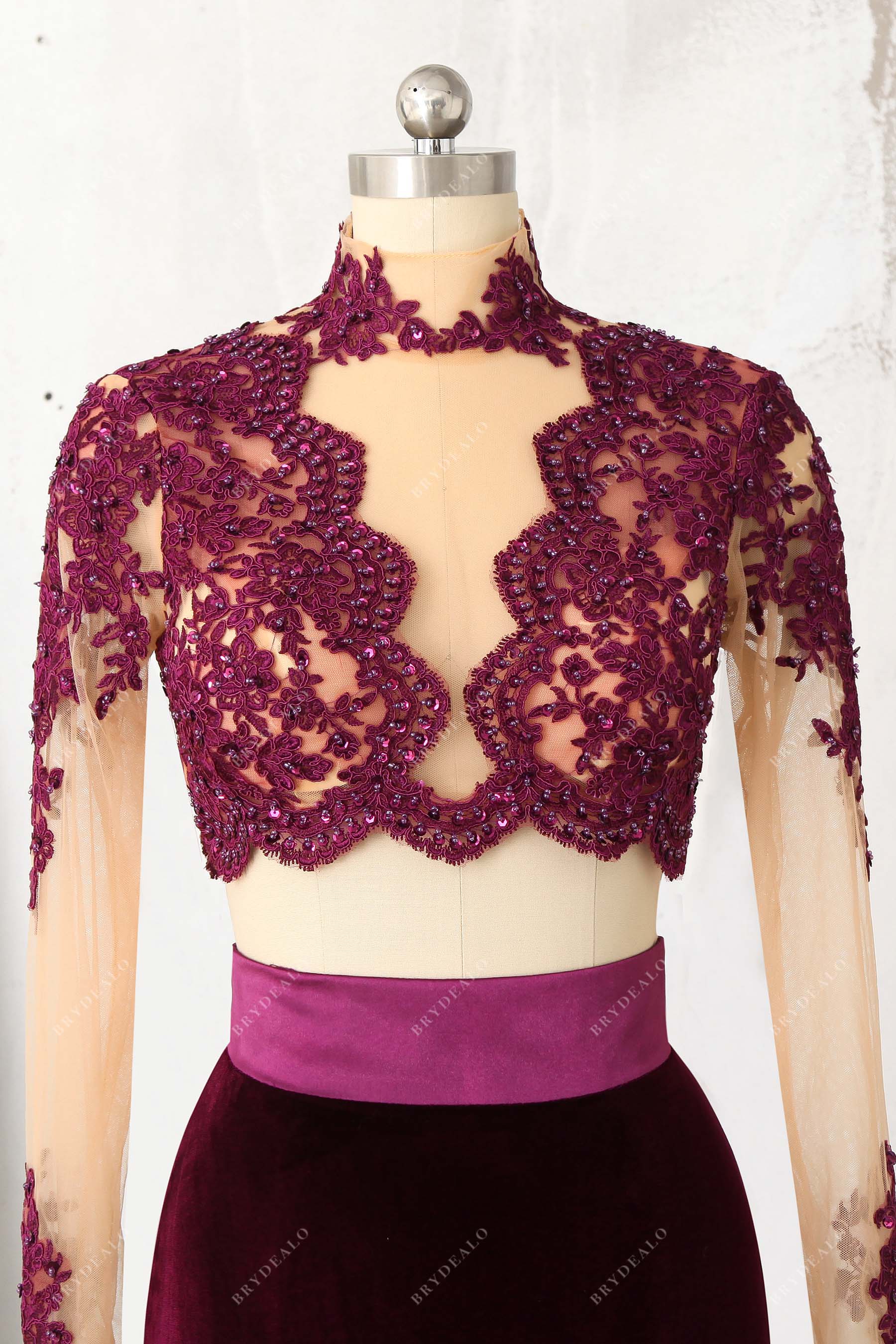 beaded high neck sheer long sleeves top