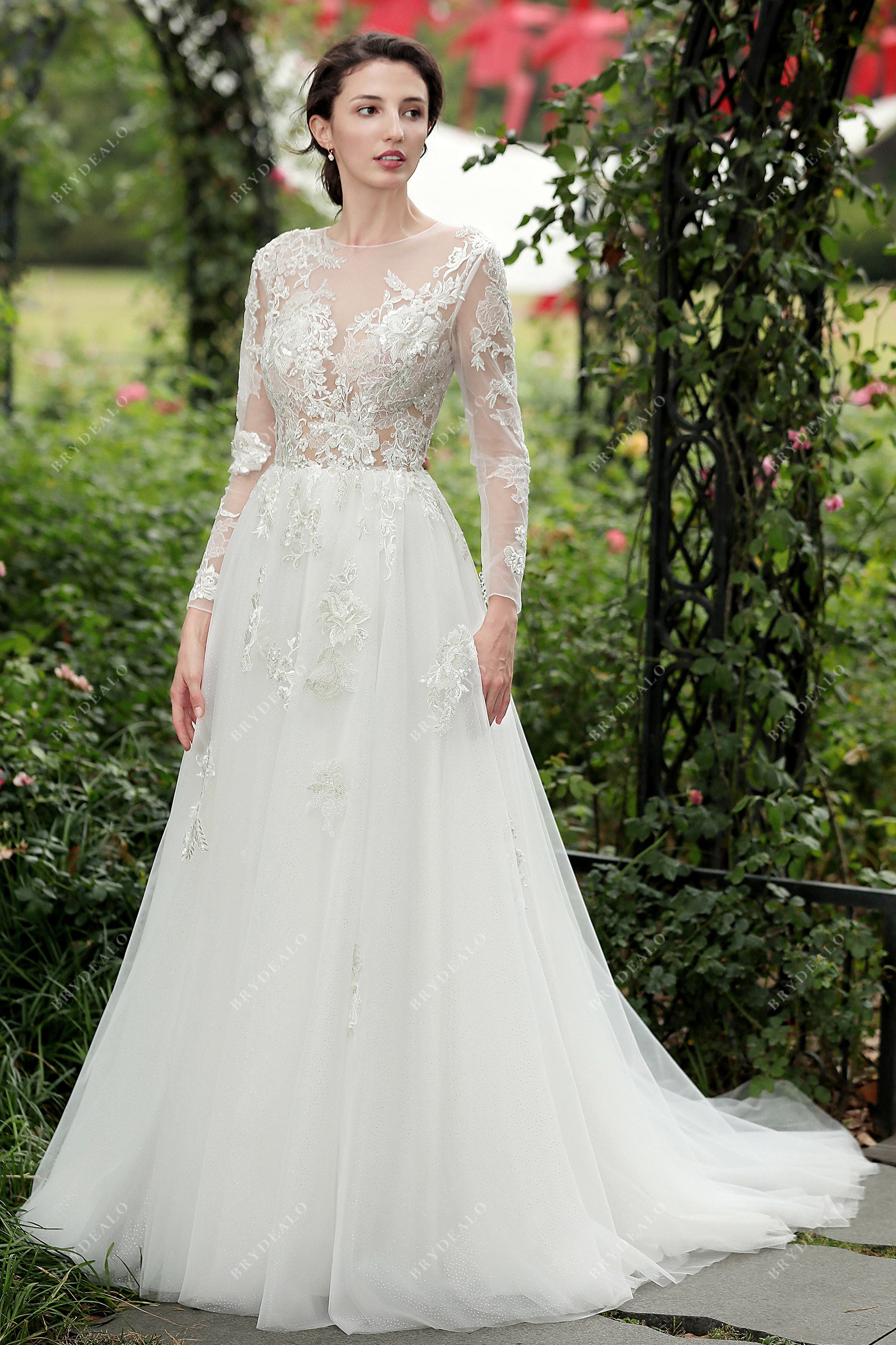 illusion lace long sleeved tulle wedding dress