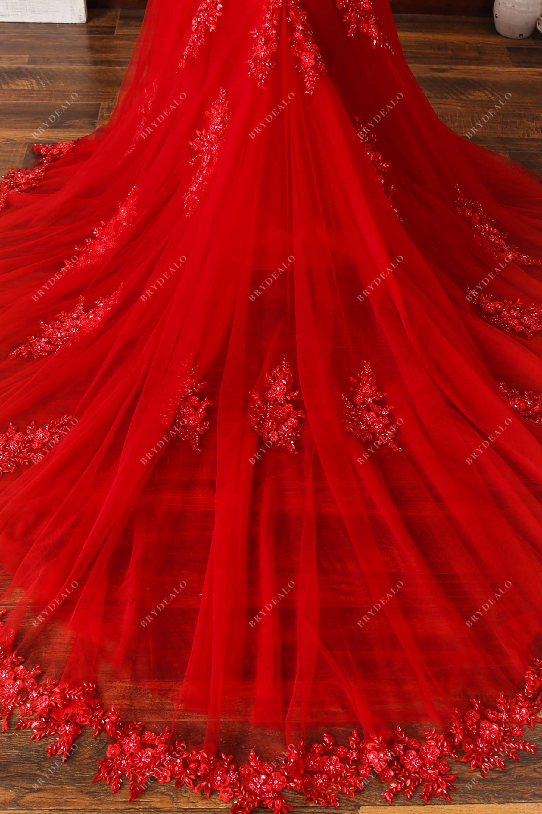beaded lace applique long train dress