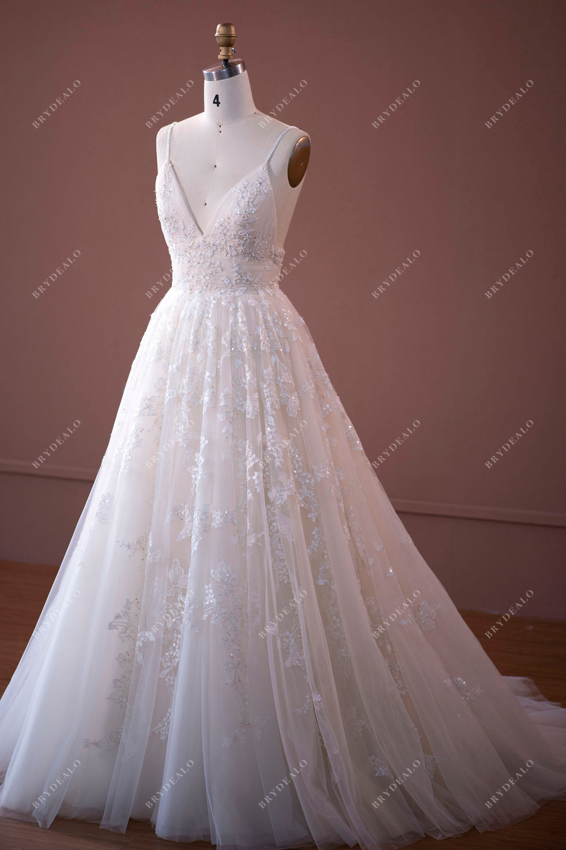 plunging neck sequin lace bridal dress