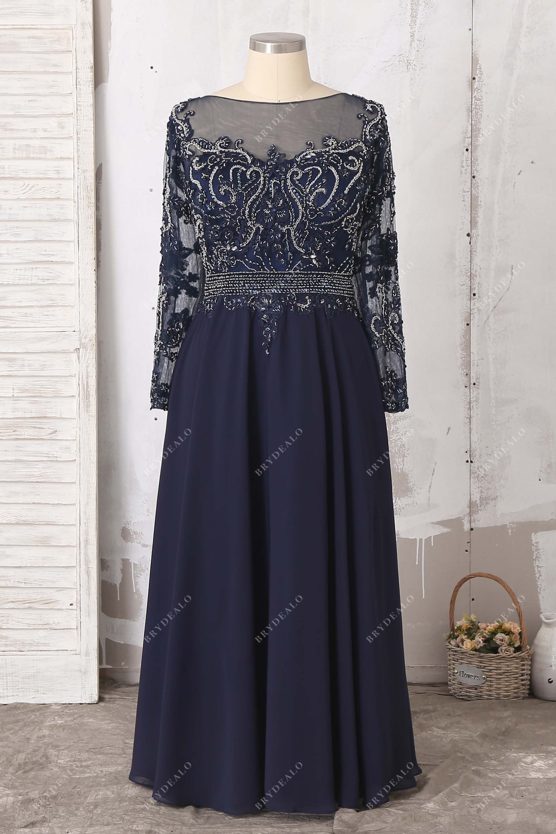 nave blue beaded chiffon prom dress