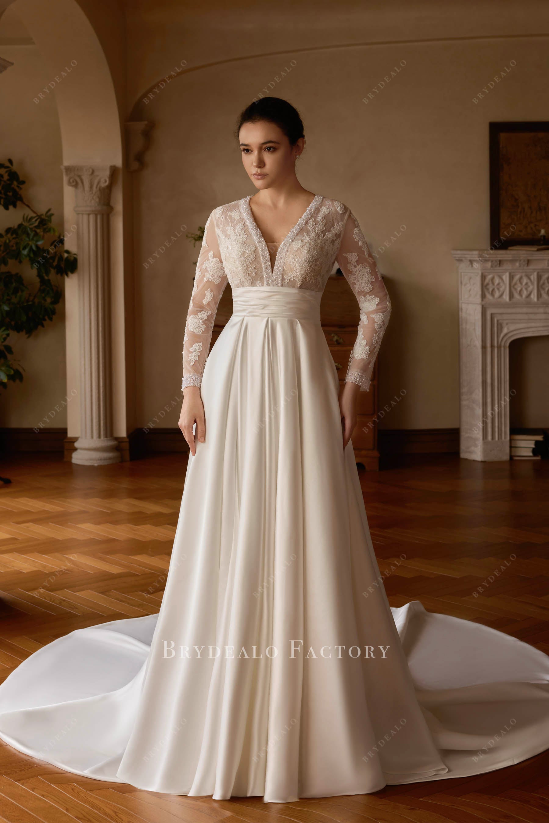 beaded neckline Aline wedding dress