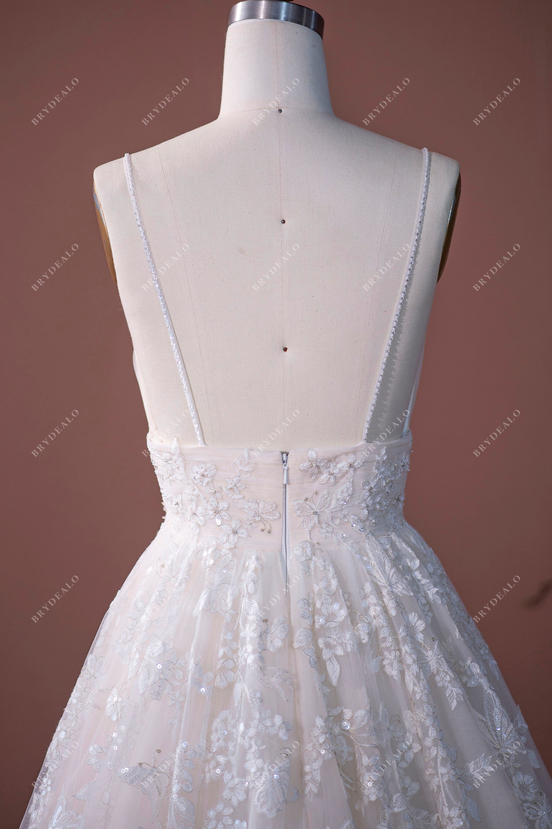 beaded strap open back wedding dress