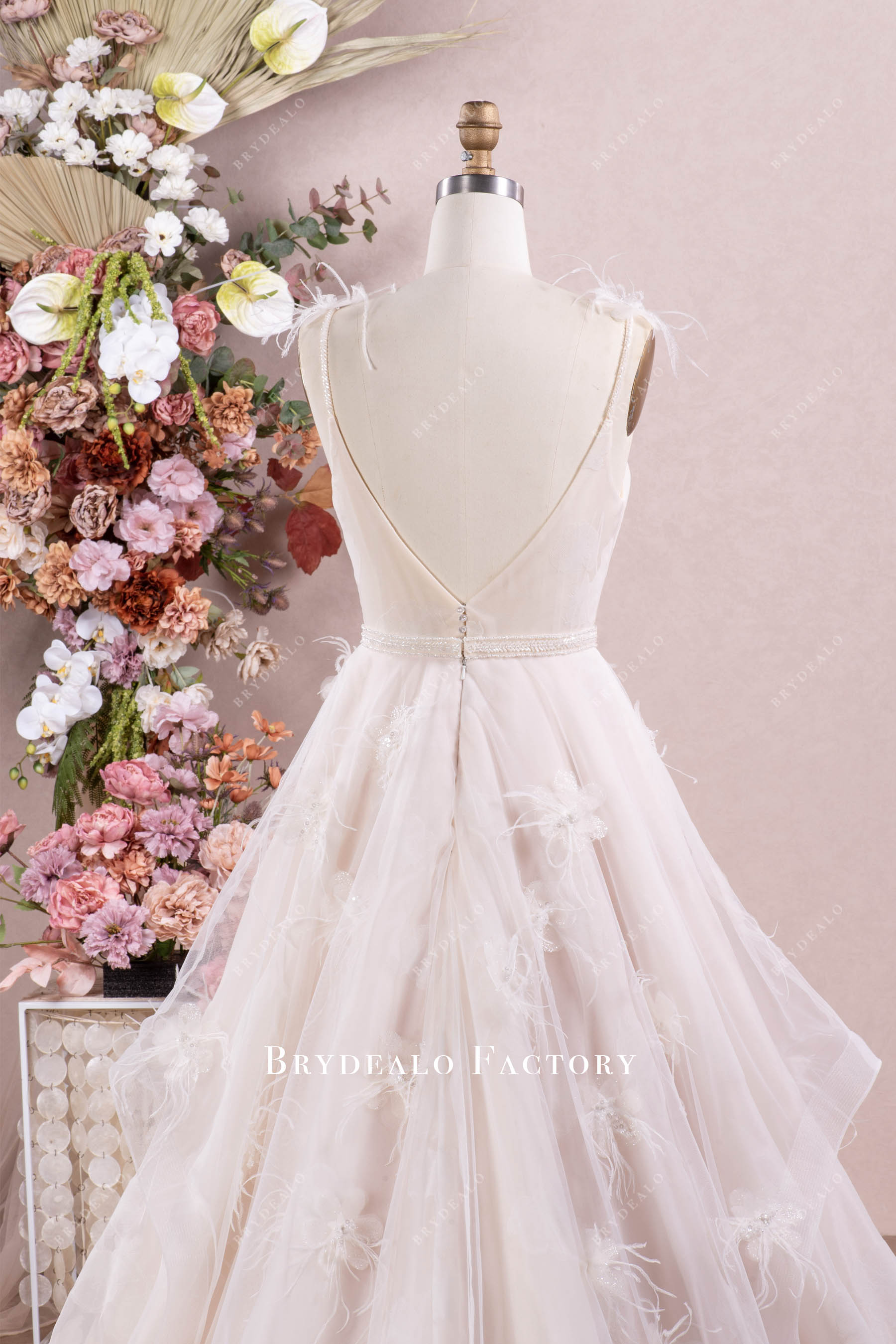 beaded straps open back wedding dress