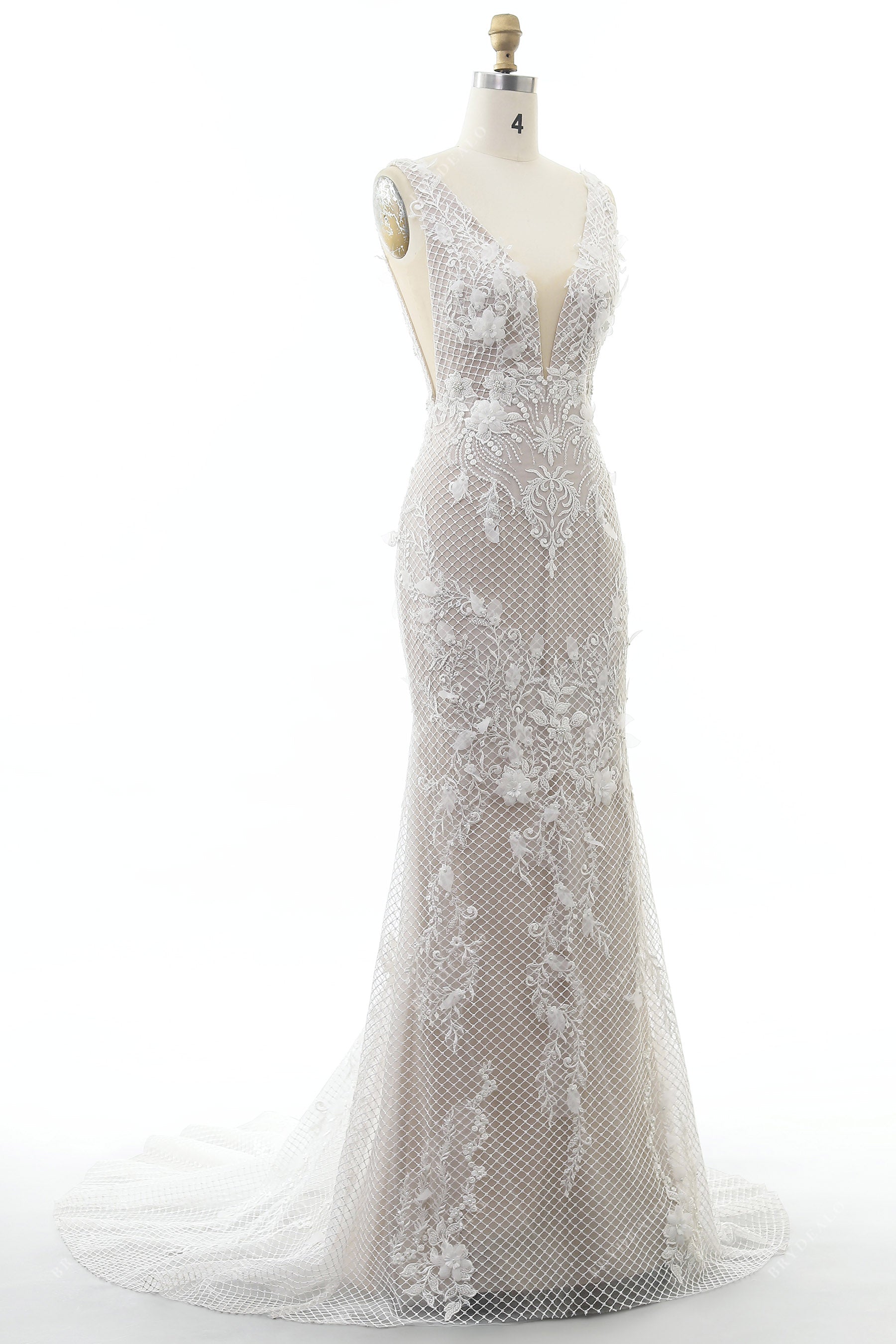 beaded plunging neck lace trumpet bridal dress