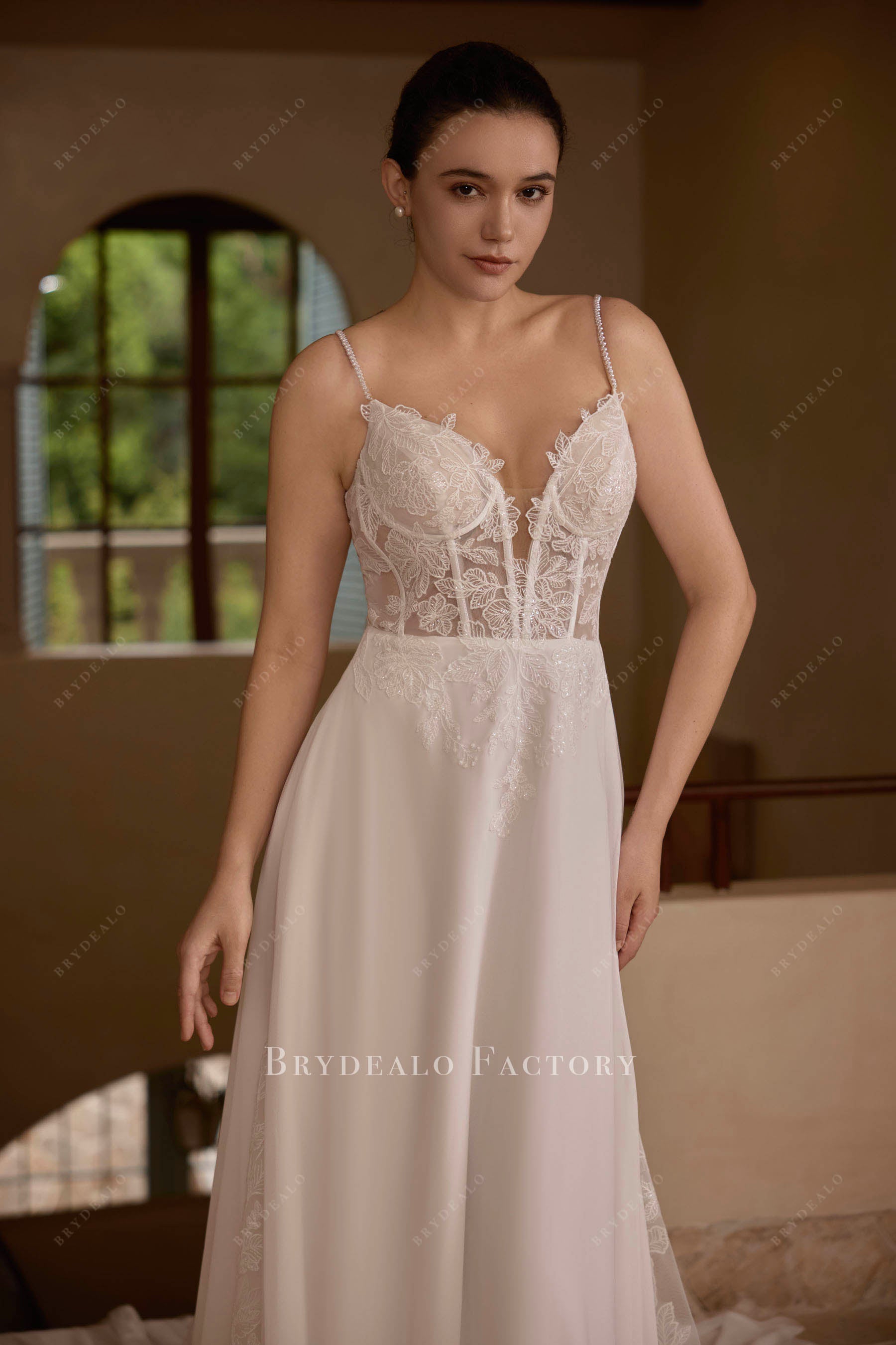 beaded thin straps bridal dress