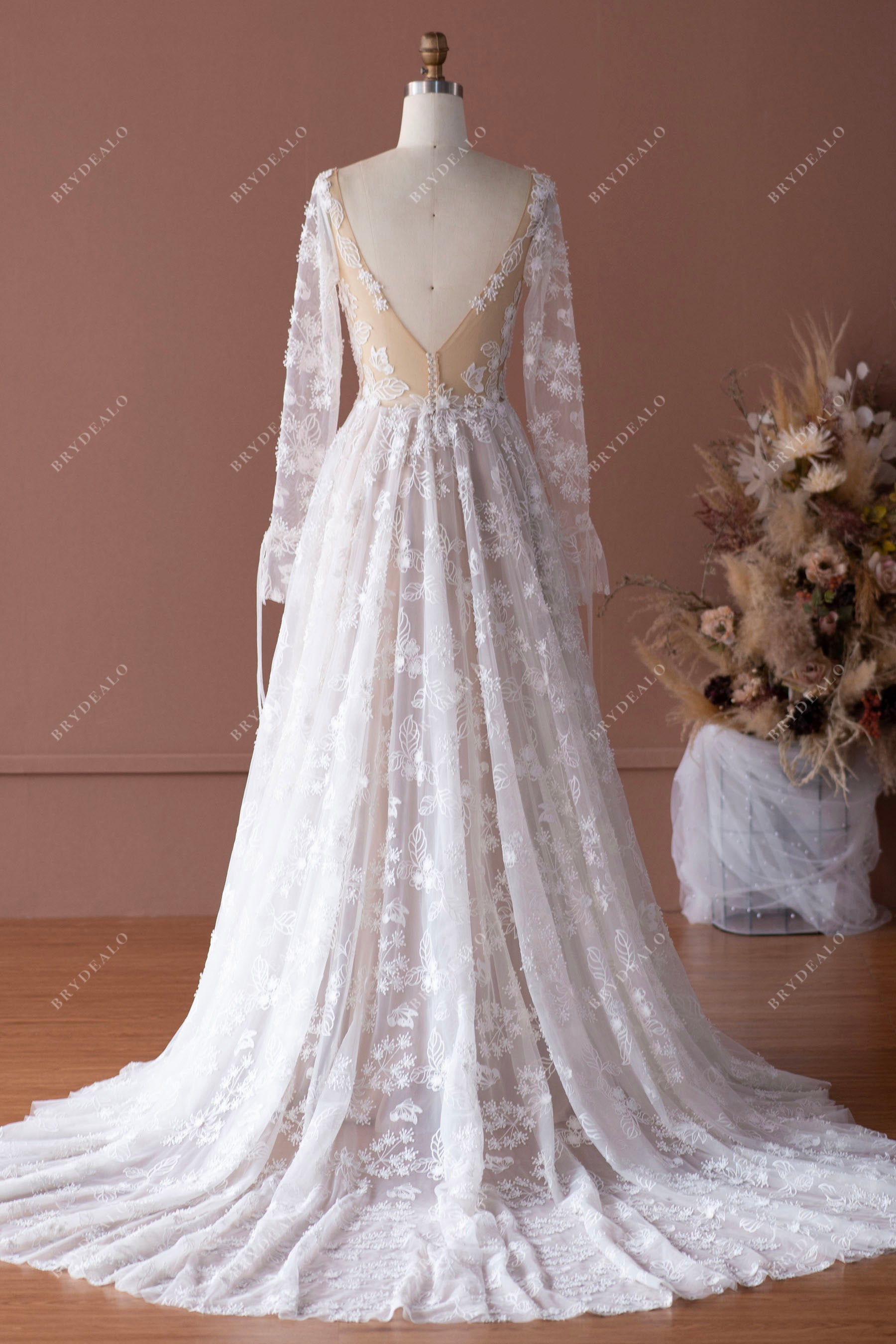 V-back sheer sleeved sweep train wedding dress