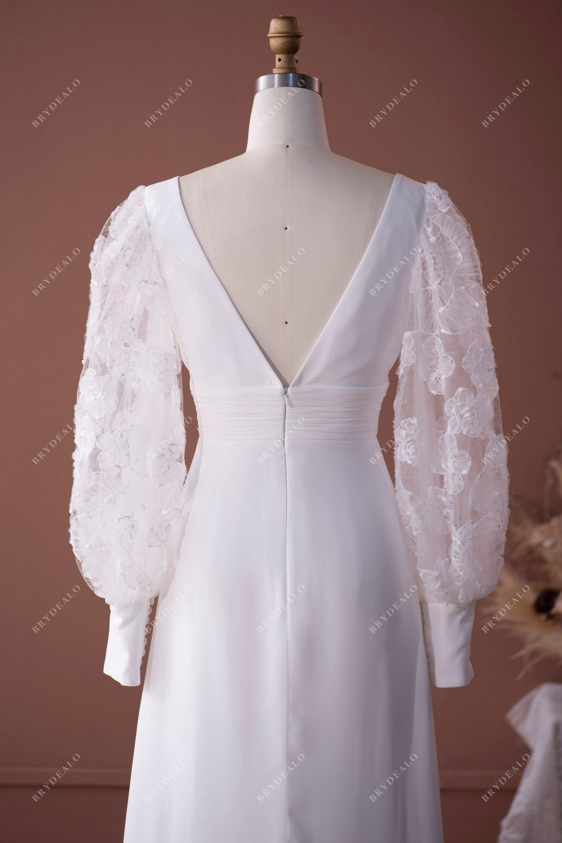 V-back long sleeve wedding hown