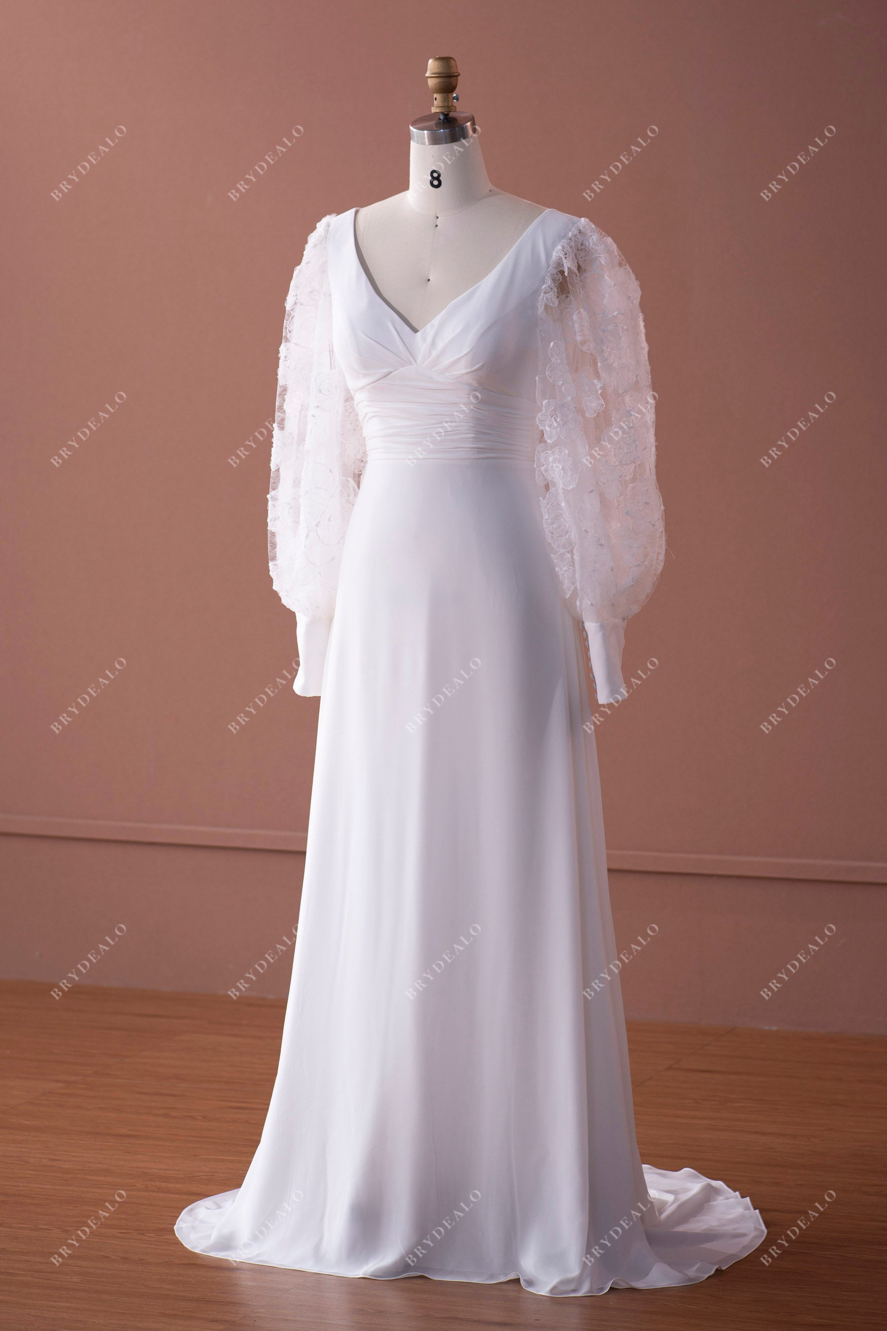 bell sleeve long crepe lace wedding gown