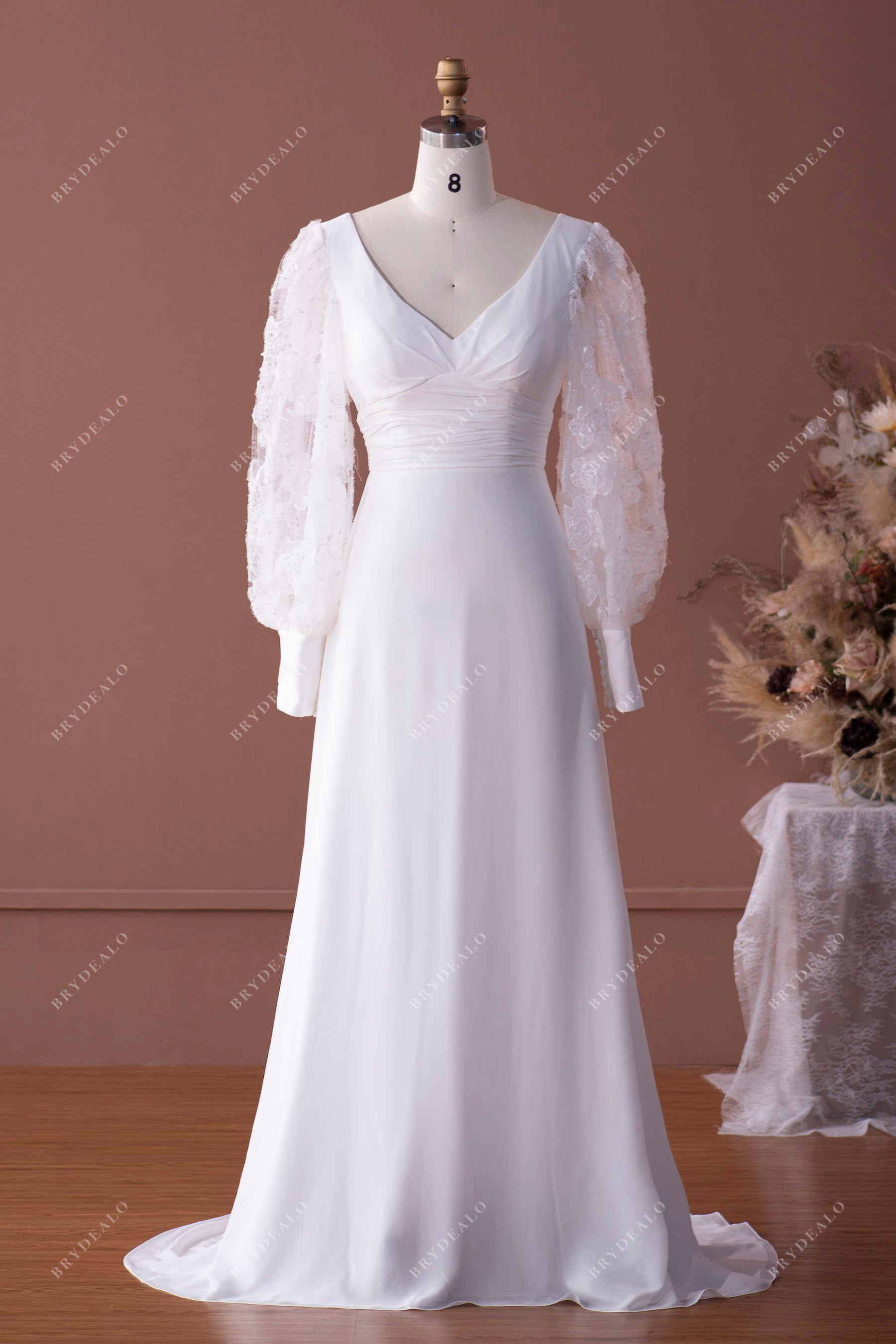 white bell sleeve V-neck wedding dress