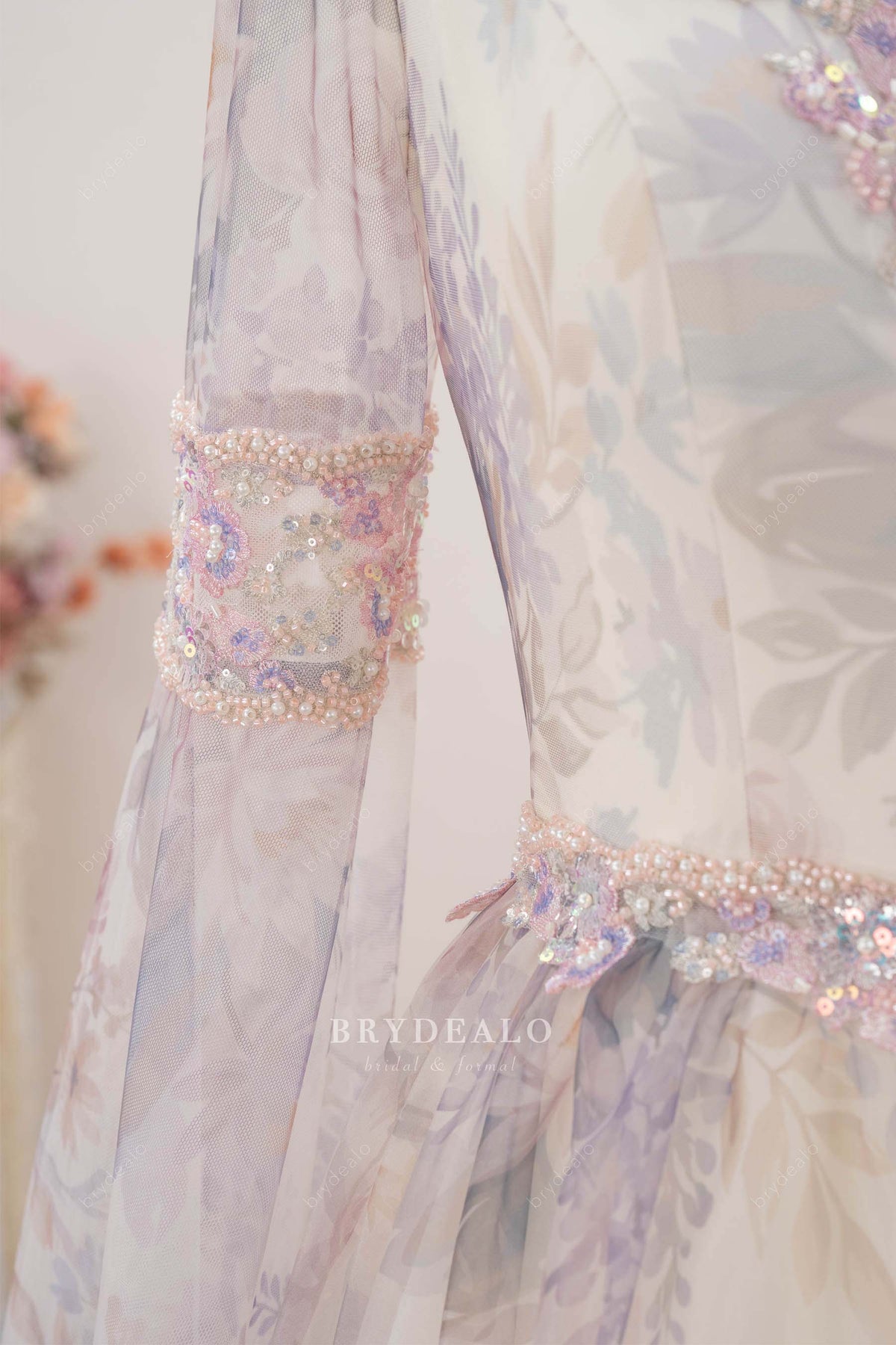 bell sleeves A-line floral wedding dress