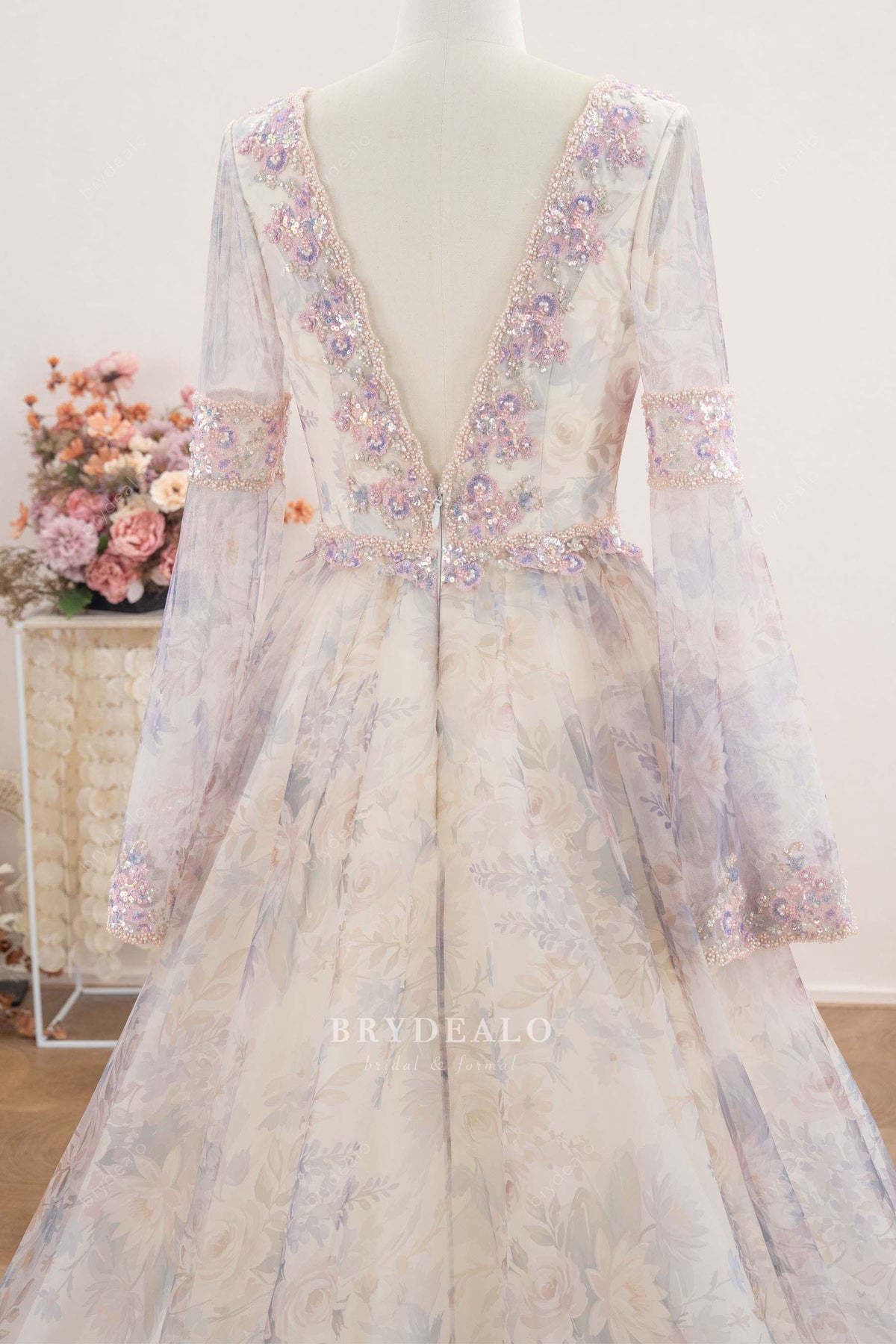 bell sleeves beaded wedding dress