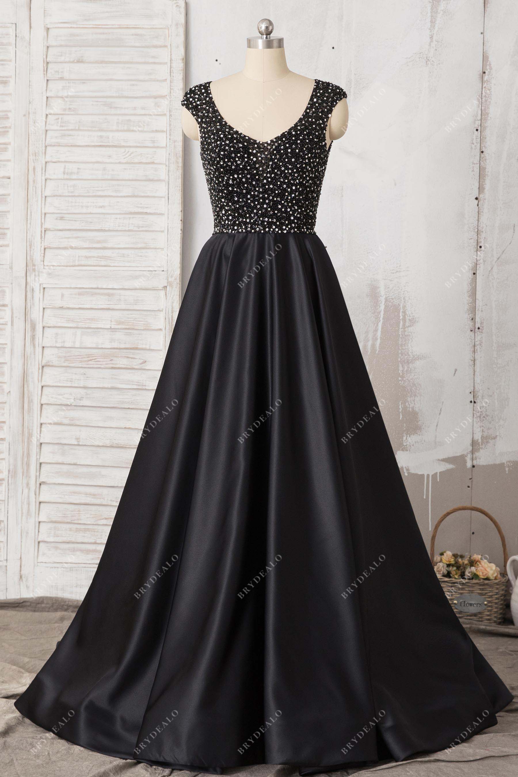 cap sleeves black stain A-line prom dress