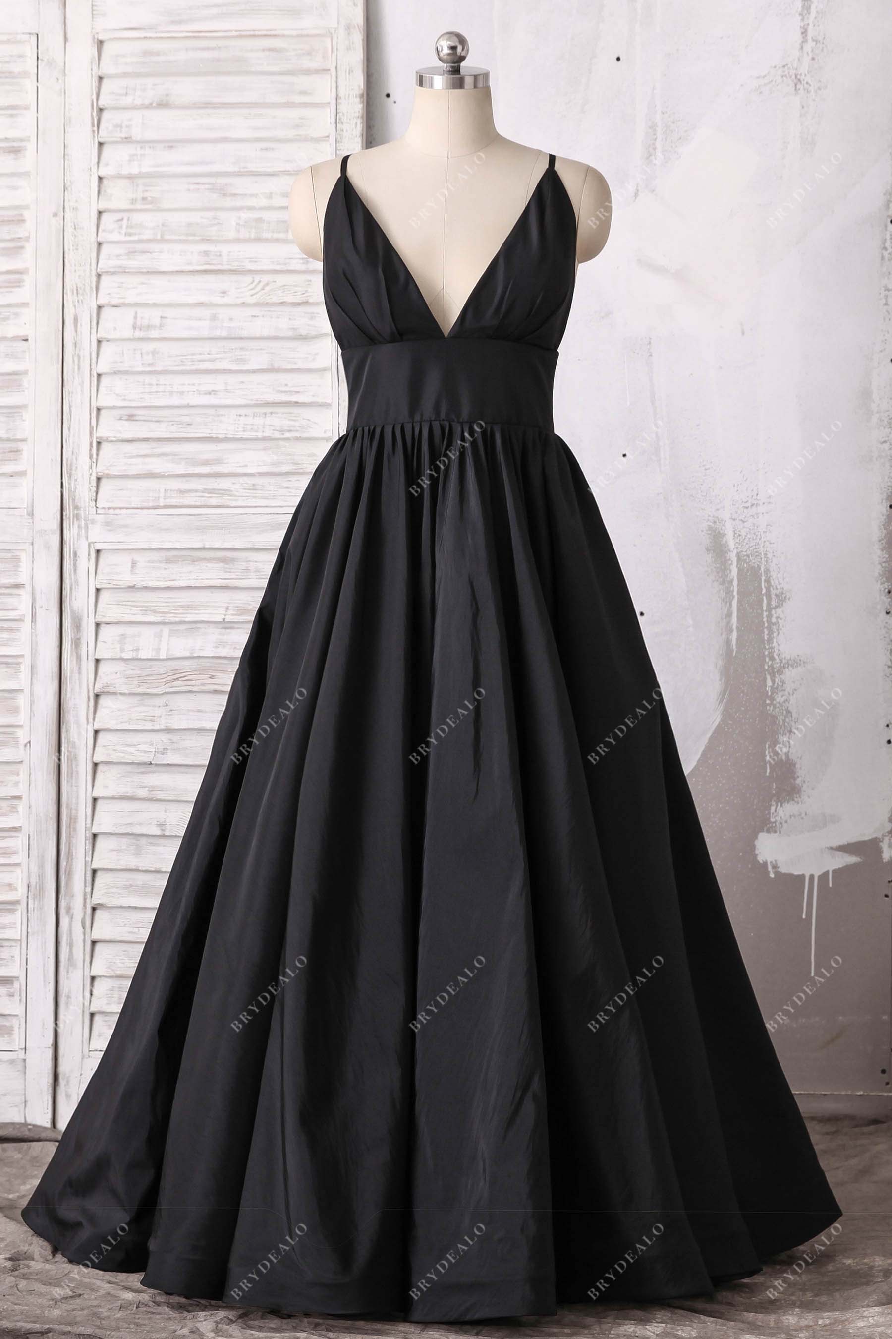 black plunging neck A-line prom gown