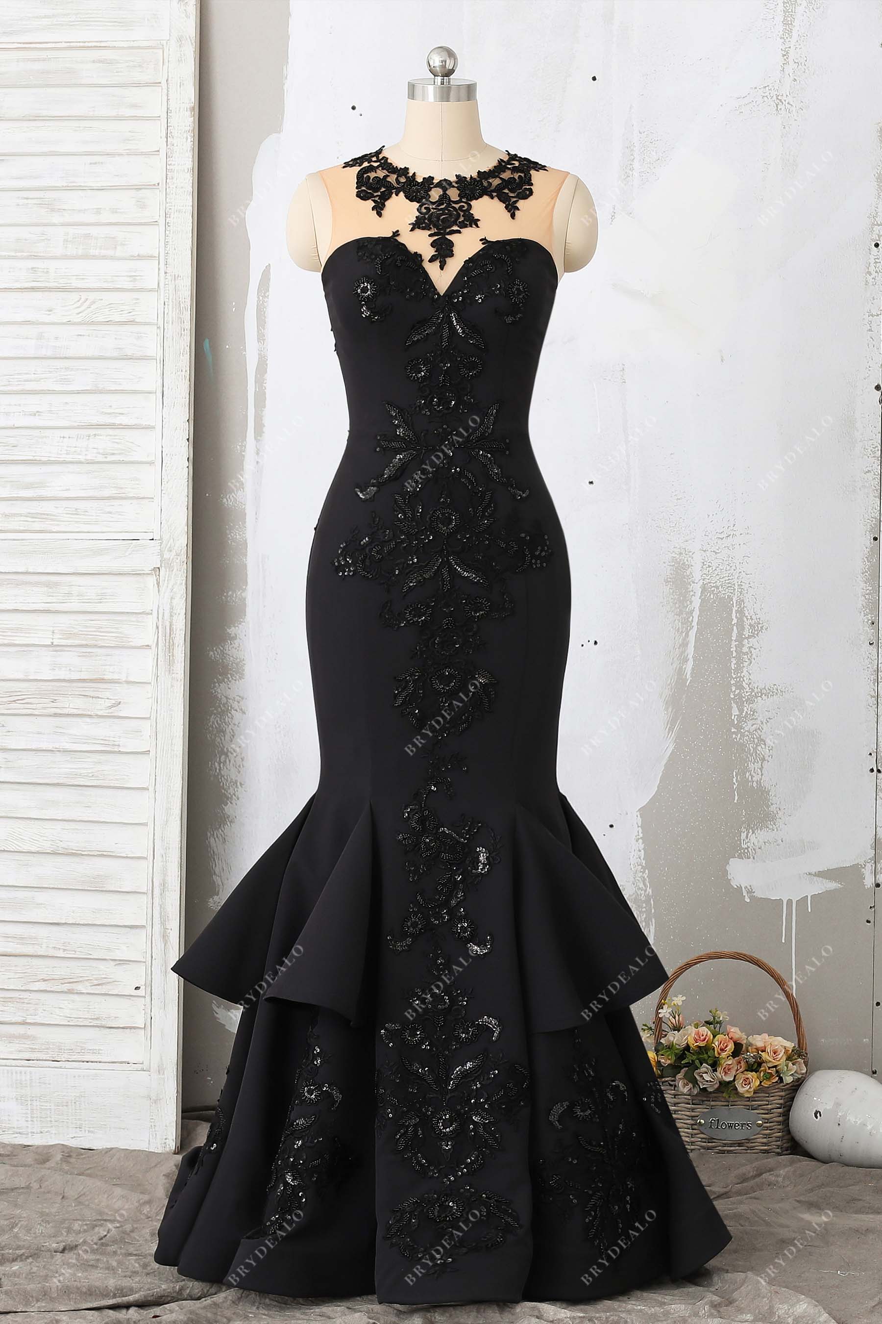 black satin illusion neck mermaid prom dress
