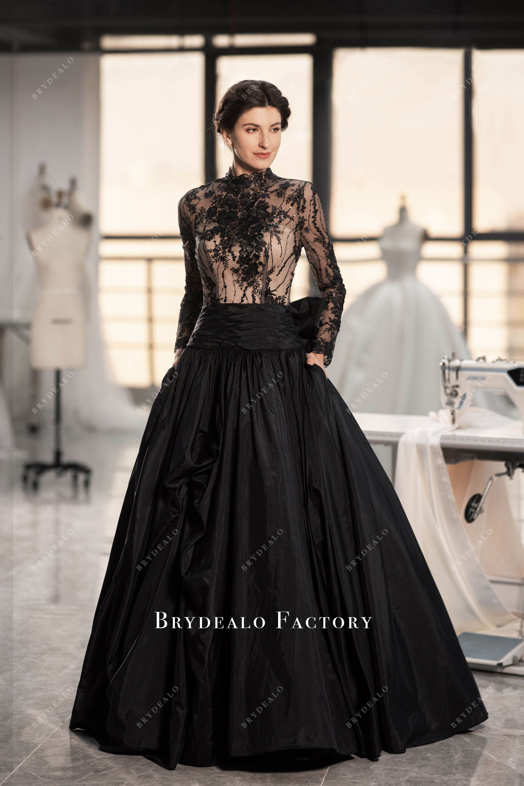 black lace pocket wedding dress