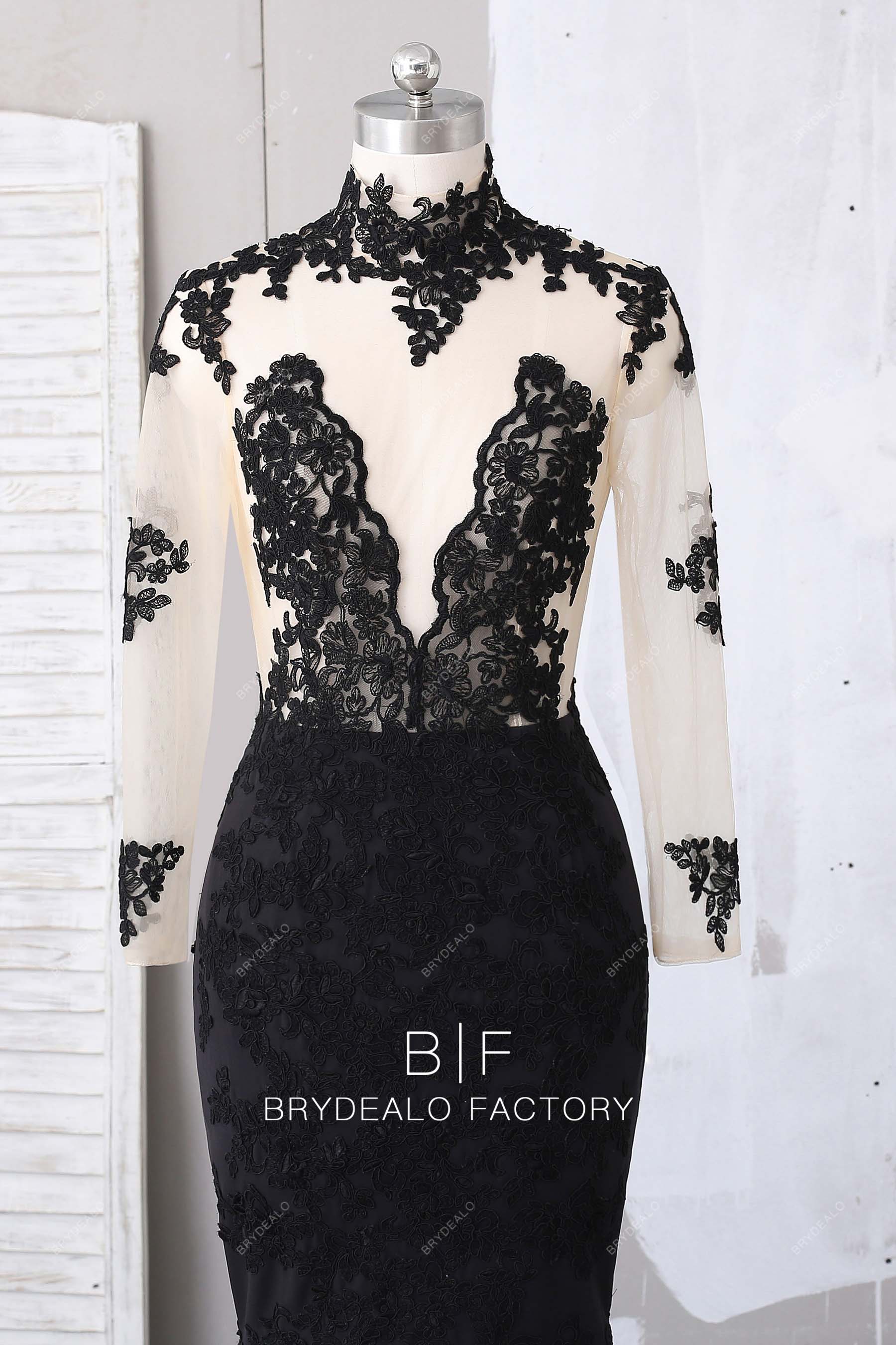 black lace applique illusion long sleeve prom dress