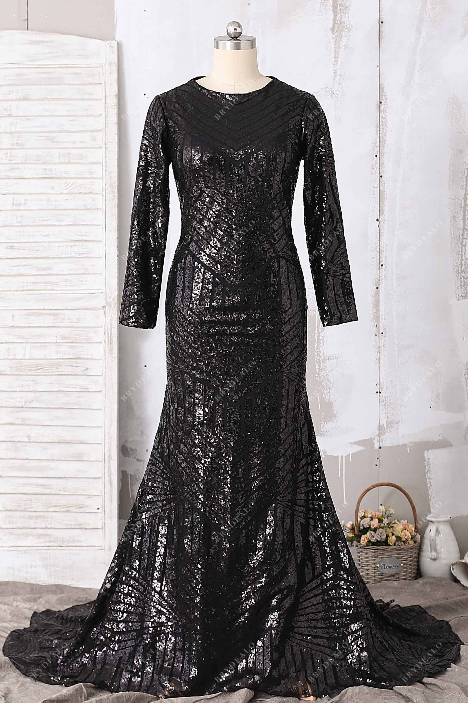 sparkly sequin long sleeve trumpet prom dress