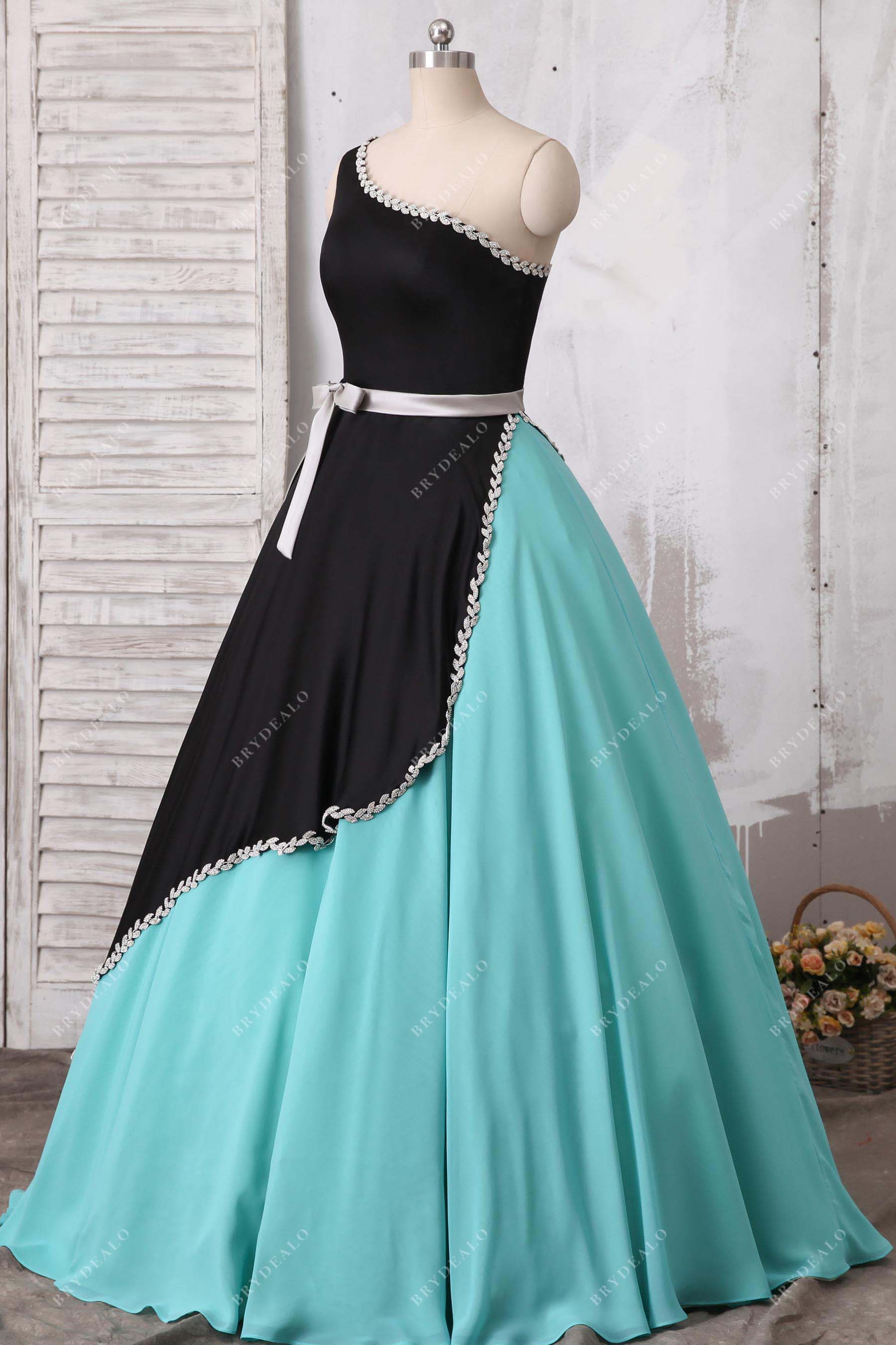 floor length black blue formal gown