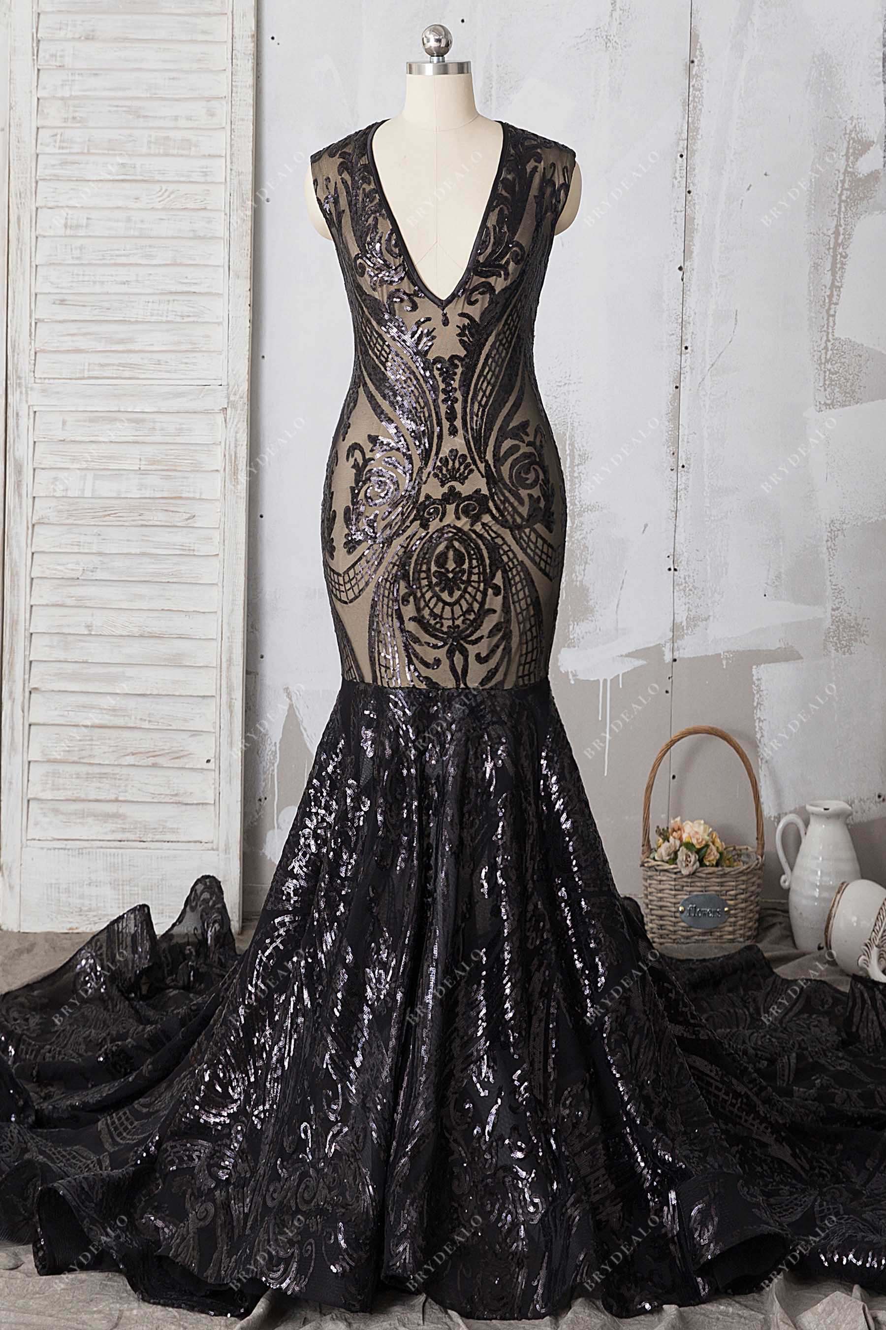 black sleeveless v-neck sequin mermaid prom dress
