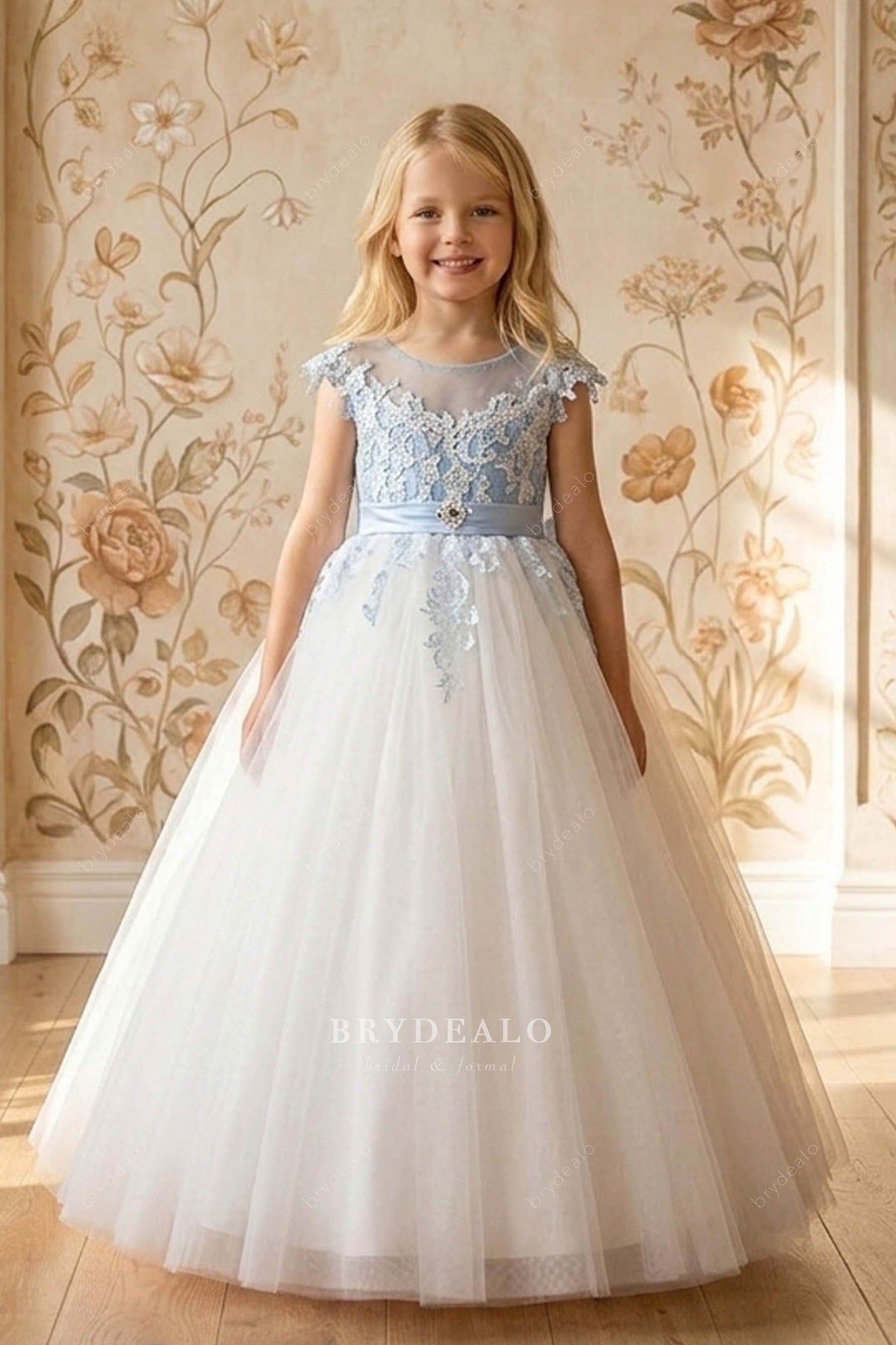 blue cap sleeve flower girl dress