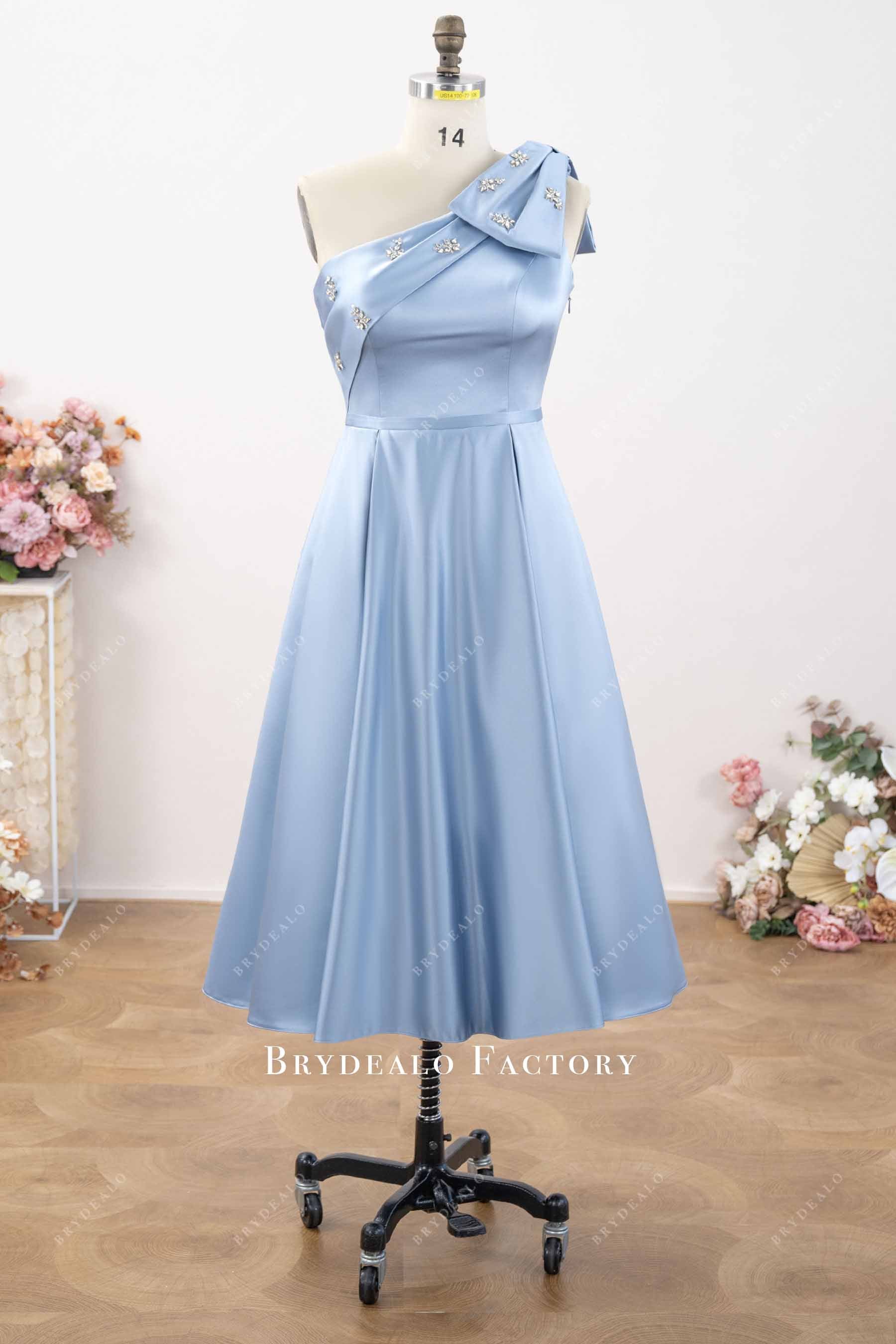 blue satin tea length mother of bride dress