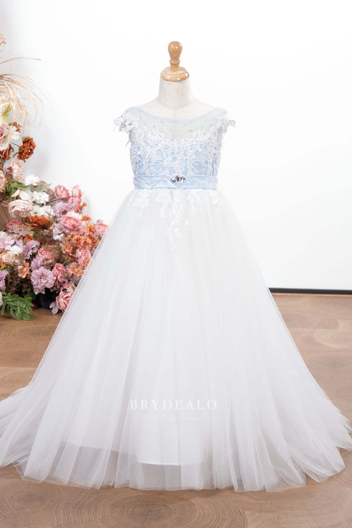 blue white two tone lace flower girl dress